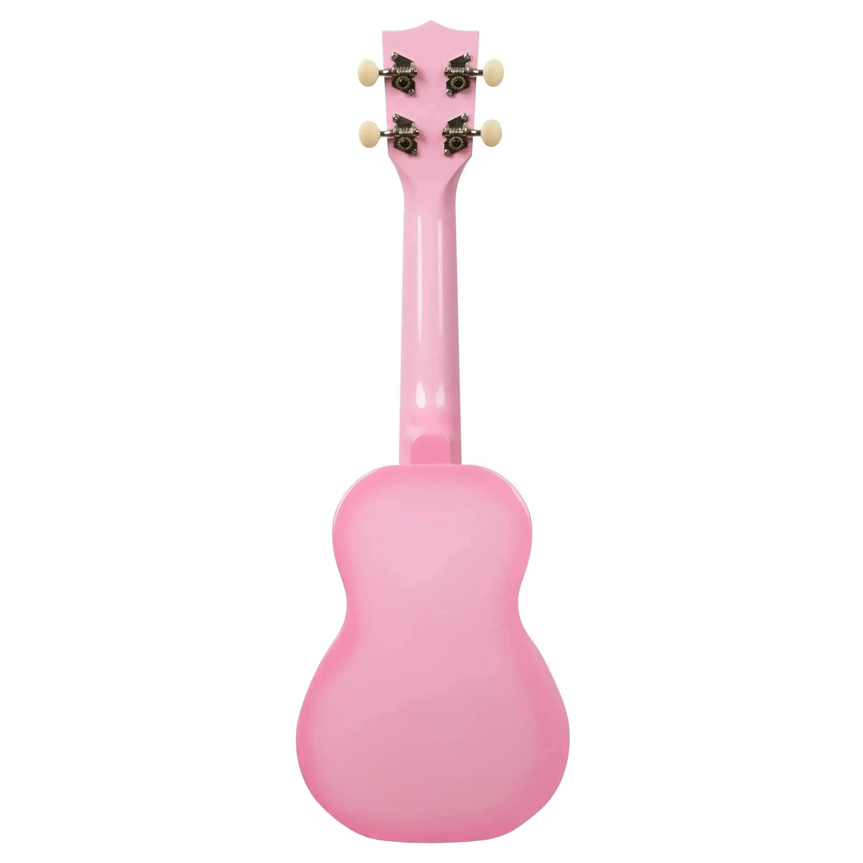 Back of a Kala Makala Pink Burst Dolphin Soprano Ukulele with a gloss finish and mahogany neck.
