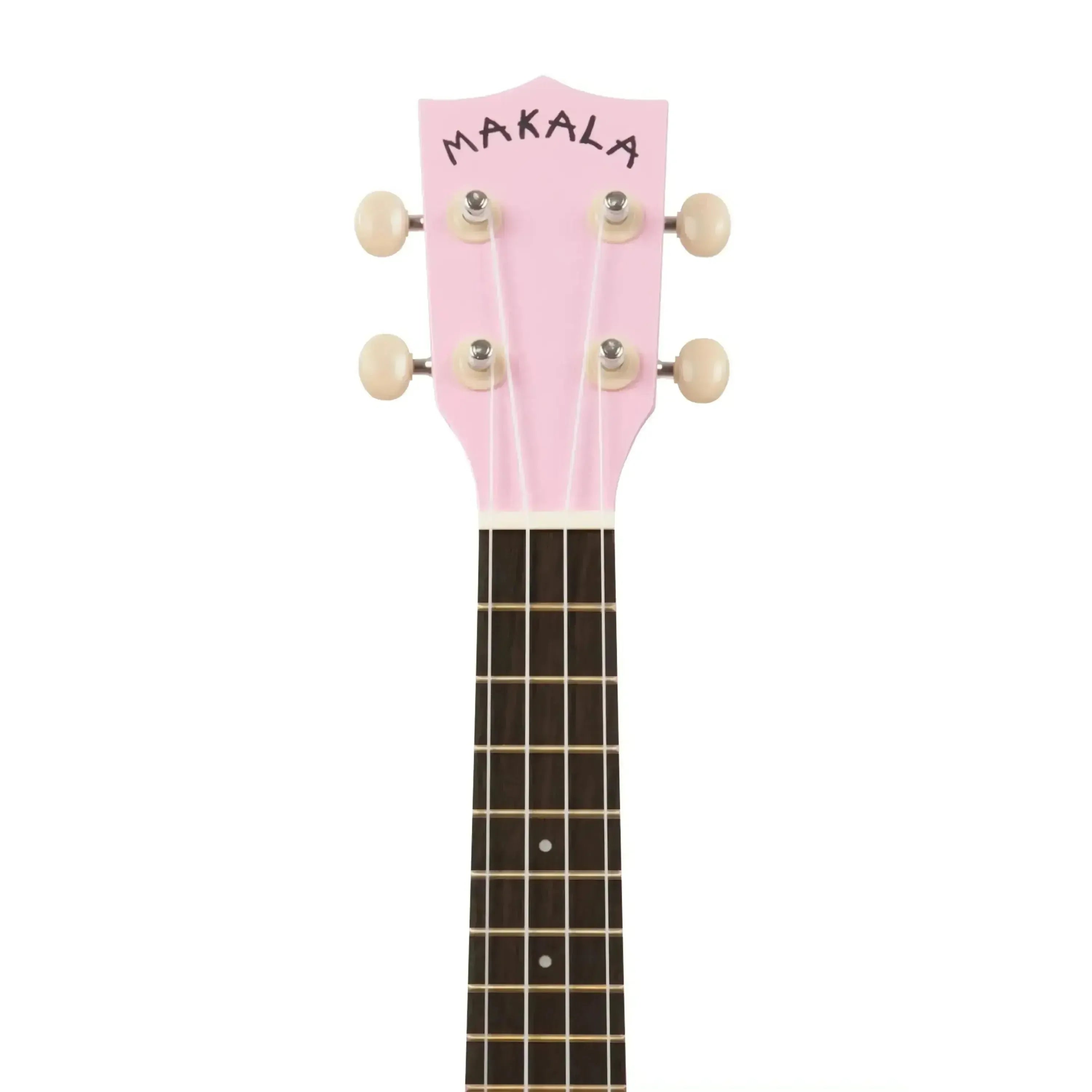 Makala Pink Burst Dolphin Soprano Ukulele headstock with white tuning pegs and dark fretboard.