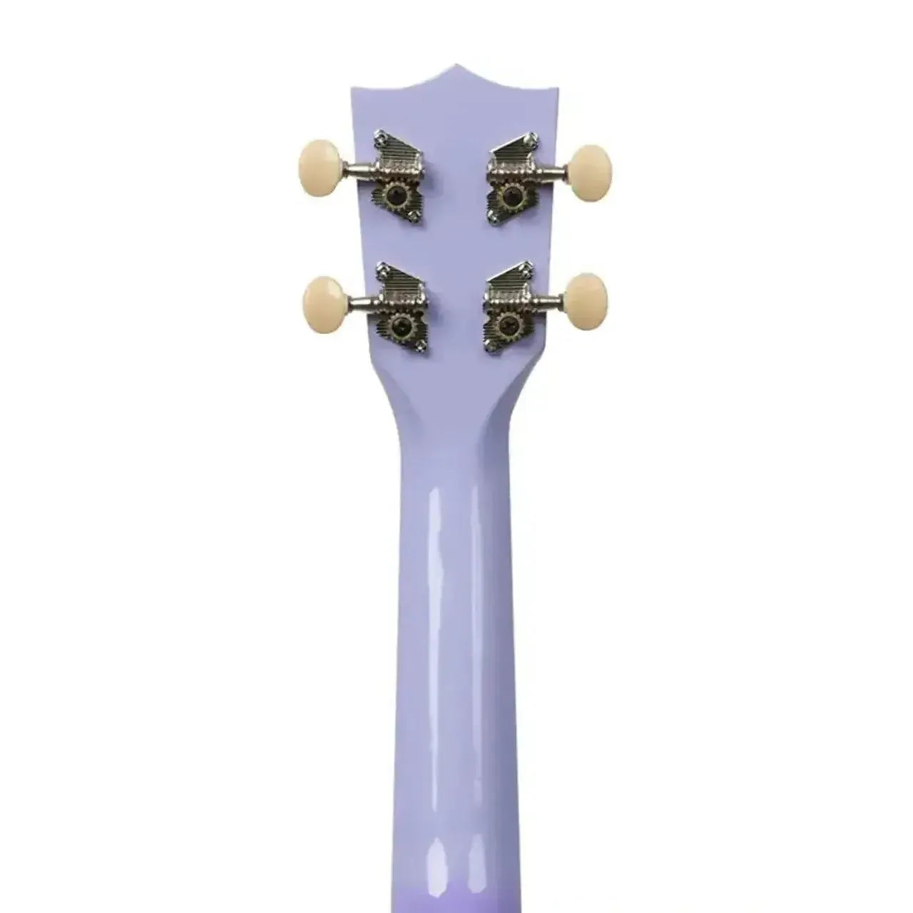 Back of Kala Makala Purple Burst Dolphin Soprano Ukulele headstock and neck with tuning pegs.
