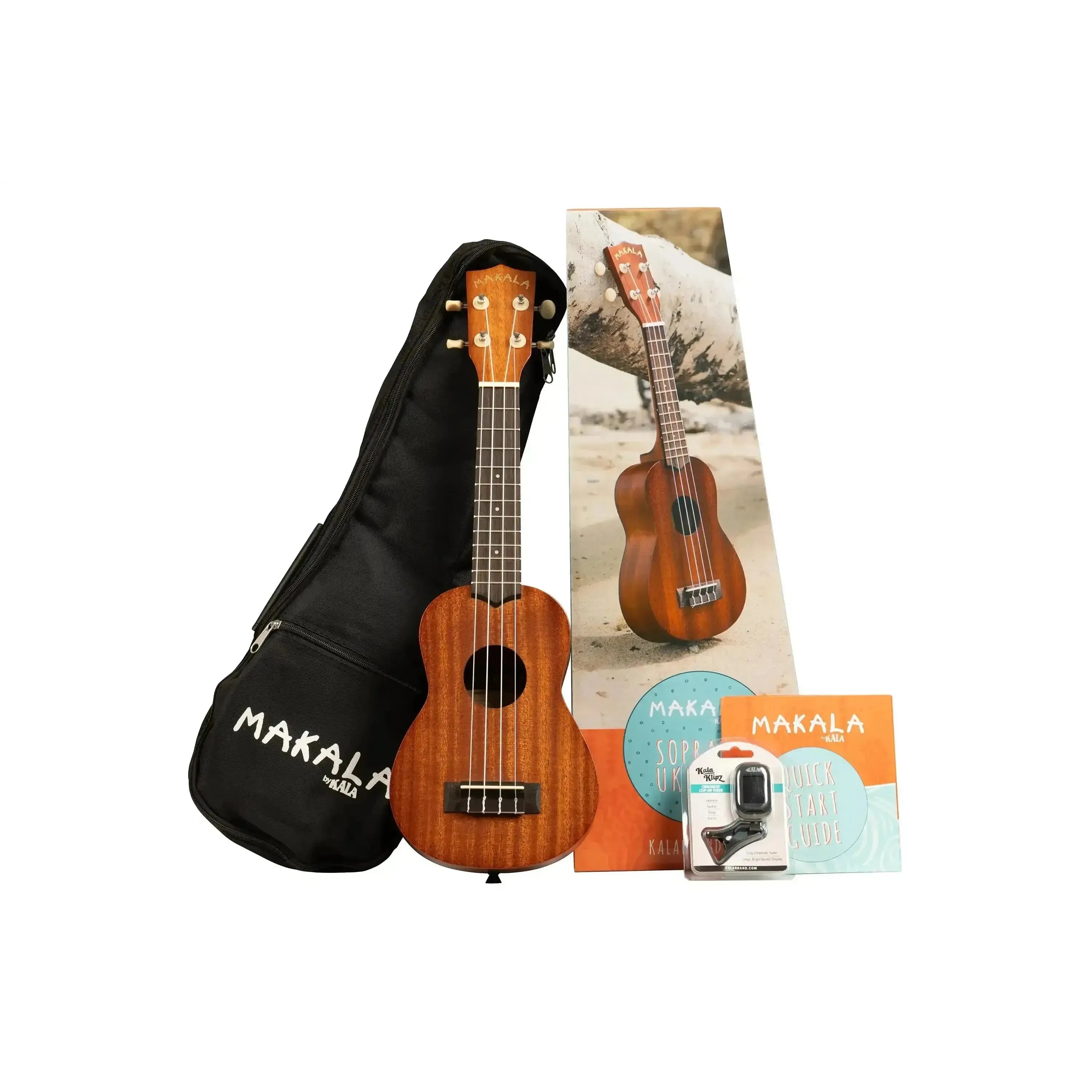 Makala MK-S/PACK mahogany soprano ukulele pack with gig bag, tuner, and quick start guide.