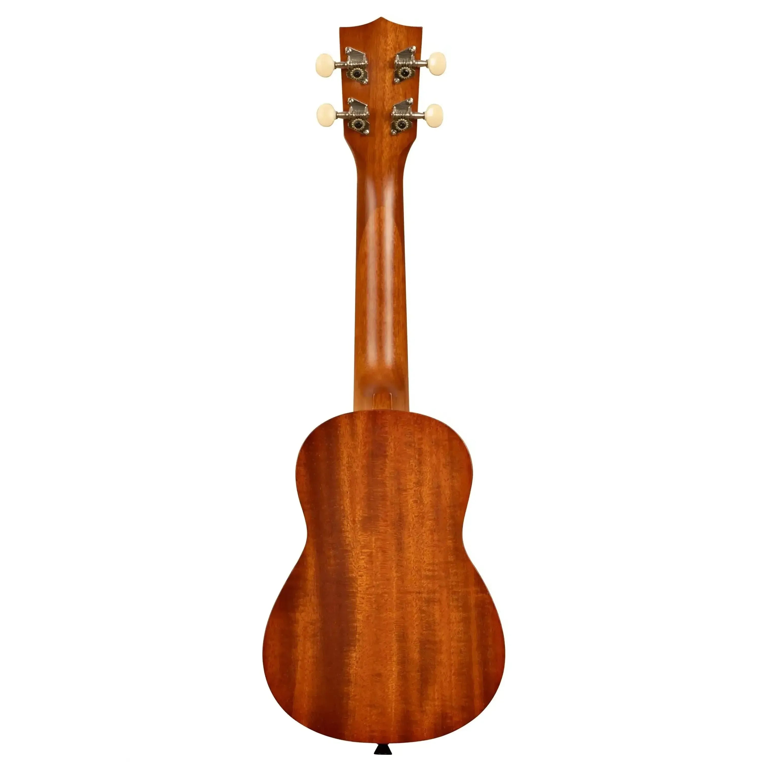 Back of a Kala Makala MK-S/PACK mahogany soprano ukulele with a satin finish and four tuning pegs.