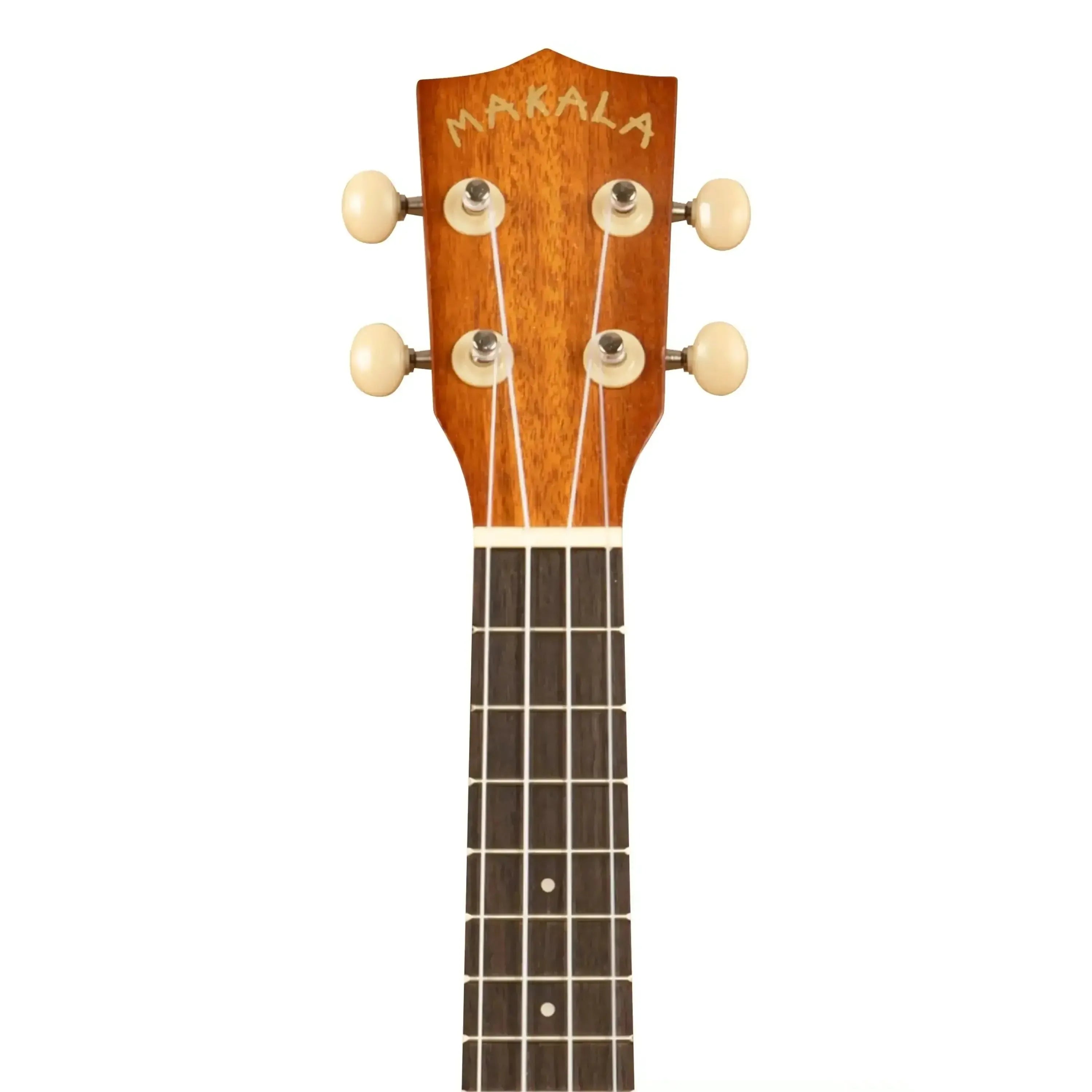 Makala mahogany ukulele headstock with cream tuners and rosewood fretboard.