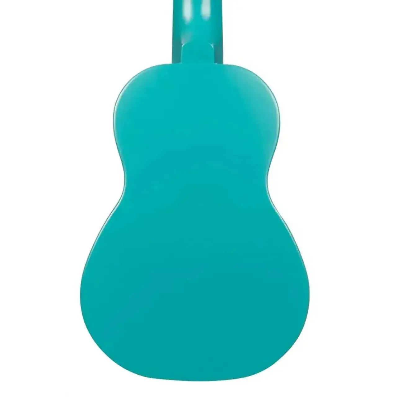 Back of a vibrant Mako Blue Kala Makala soprano ukulele with a matte finish.