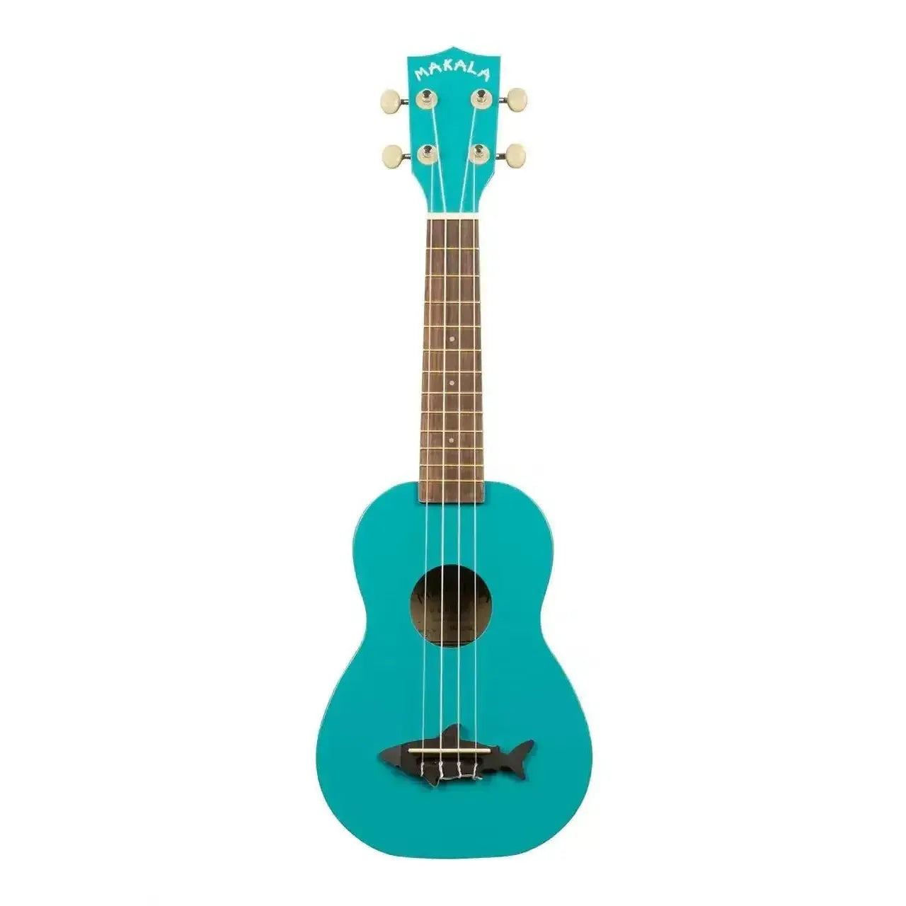 Kala Makala Mako Blue Shark Soprano Ukulele, teal with a black shark bridge.