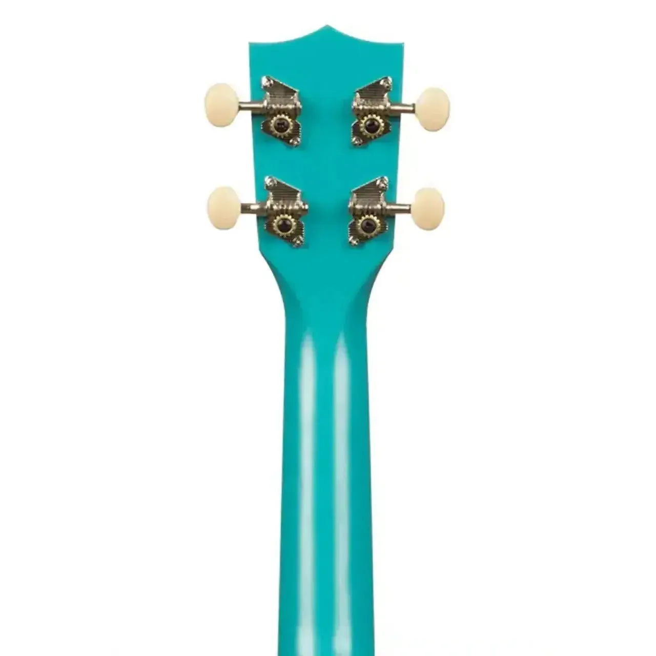 Back of a Kala Makala Mako Blue Shark Soprano Ukulele headstock and neck, showing blue finish and cream tuning pegs.