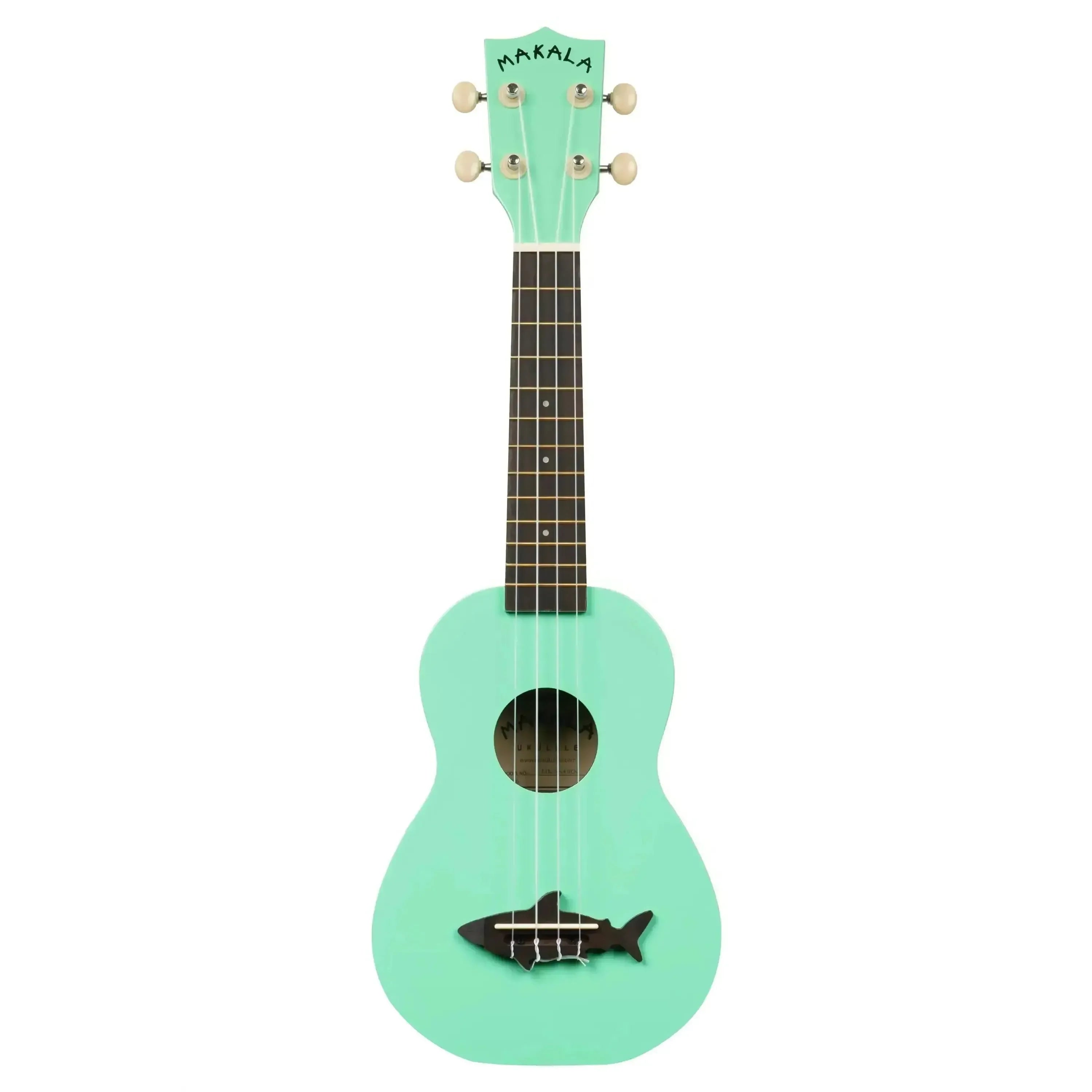 Kala Makala Surf Green Shark Soprano Ukulele with a black shark bridge.