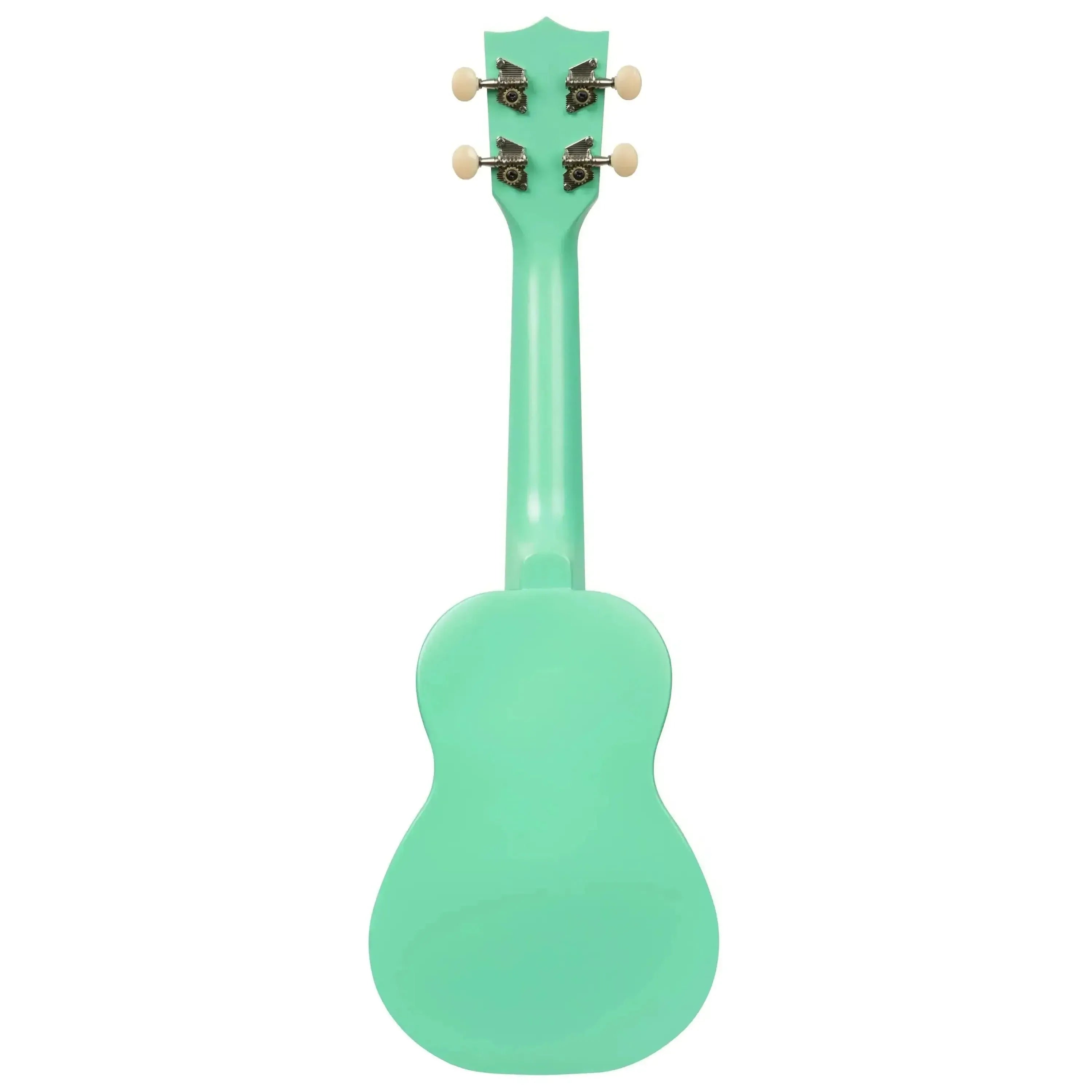 Kala Makala Surf Green Shark Soprano Ukulele, back view showing neck, headstock, and tuning pegs.