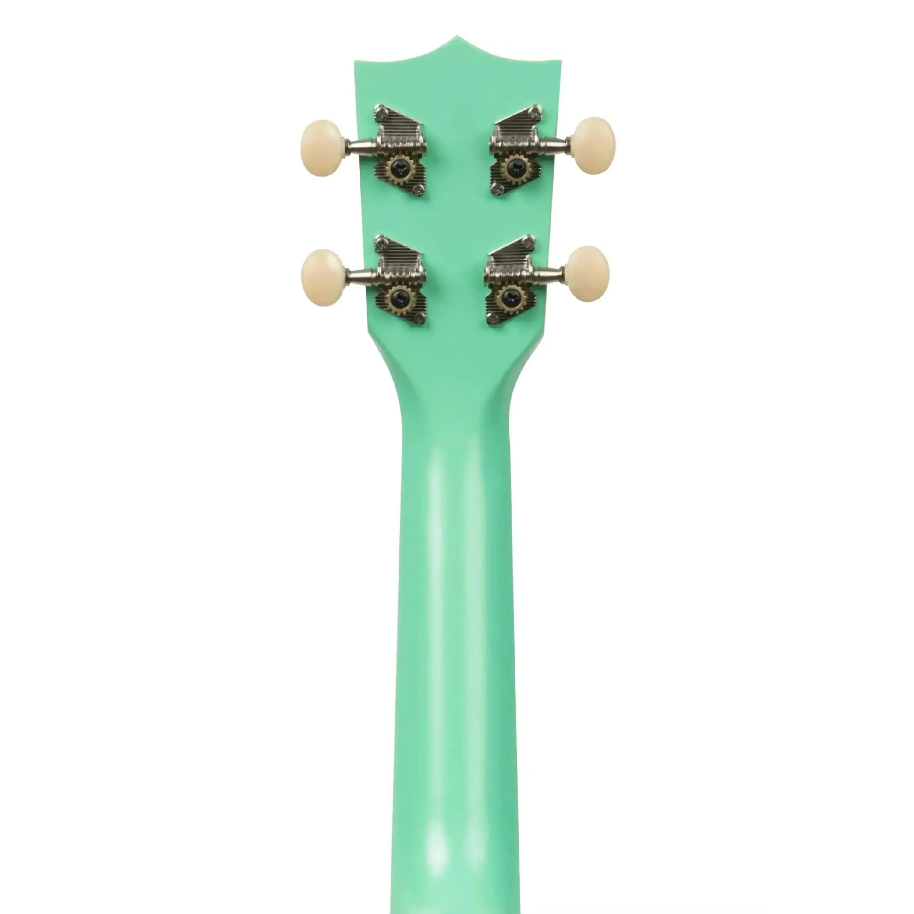 Back of Kala Makala Surf Green Shark Soprano Ukulele headstock and neck with tuning pegs.