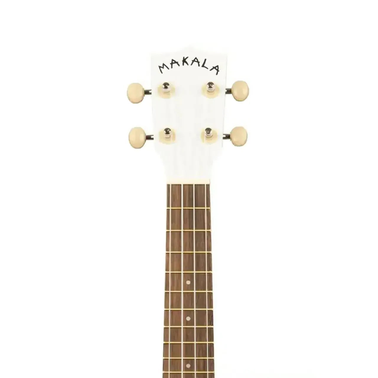 Makala Great White Shark Soprano Ukulele headstock in white with cream tuning pegs.