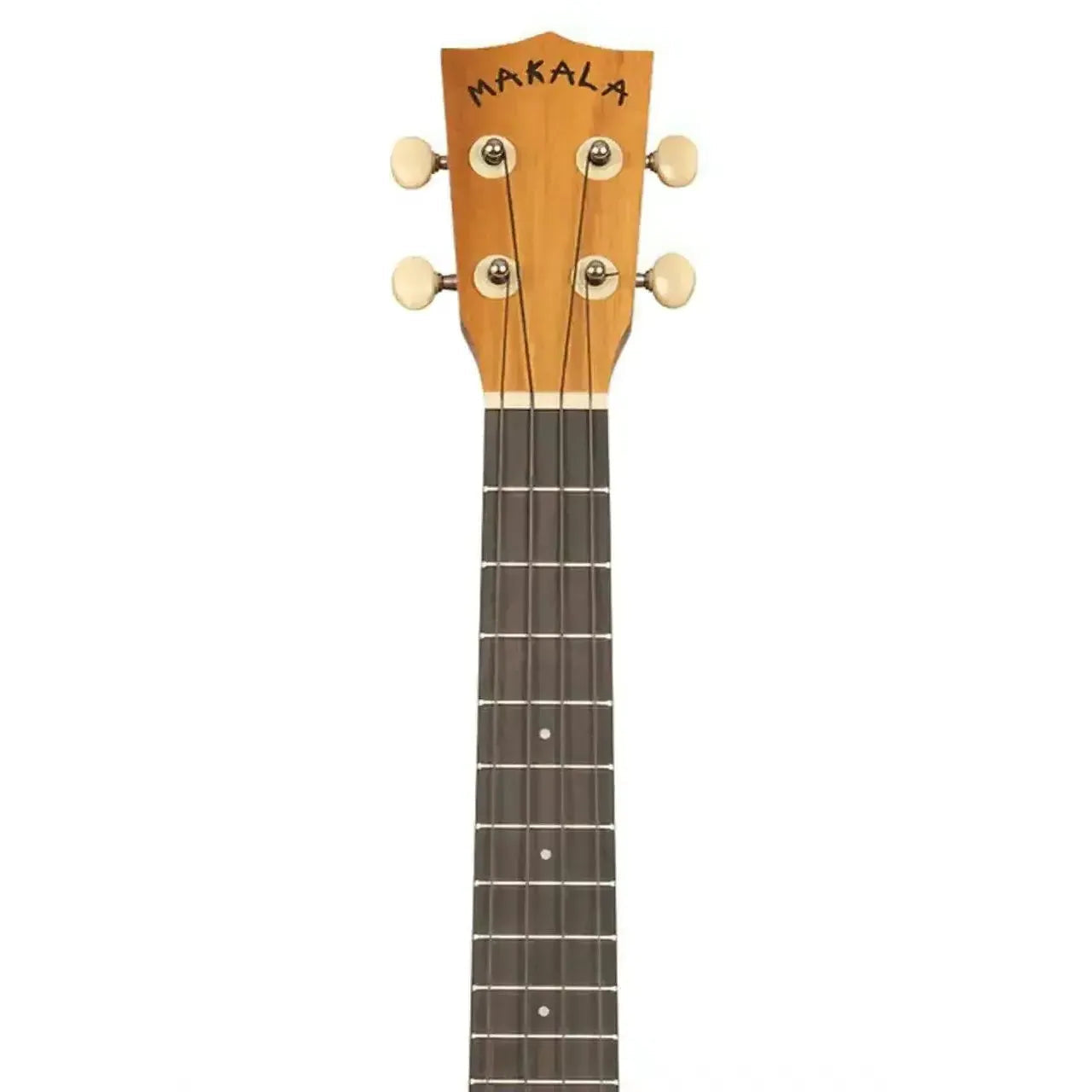 Makala tenor ukulele headstock and fretboard, light brown Indonesian Acacia wood with white tuning pegs.