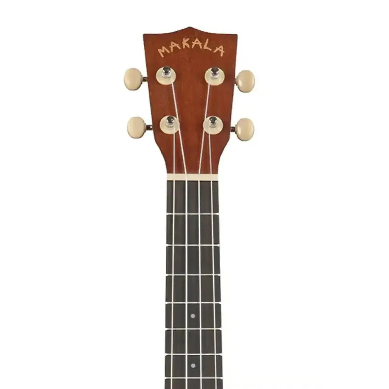 Makala MK-T Tenor Ukulele headstock with mahogany finish, cream tuners, and rosewood fretboard.