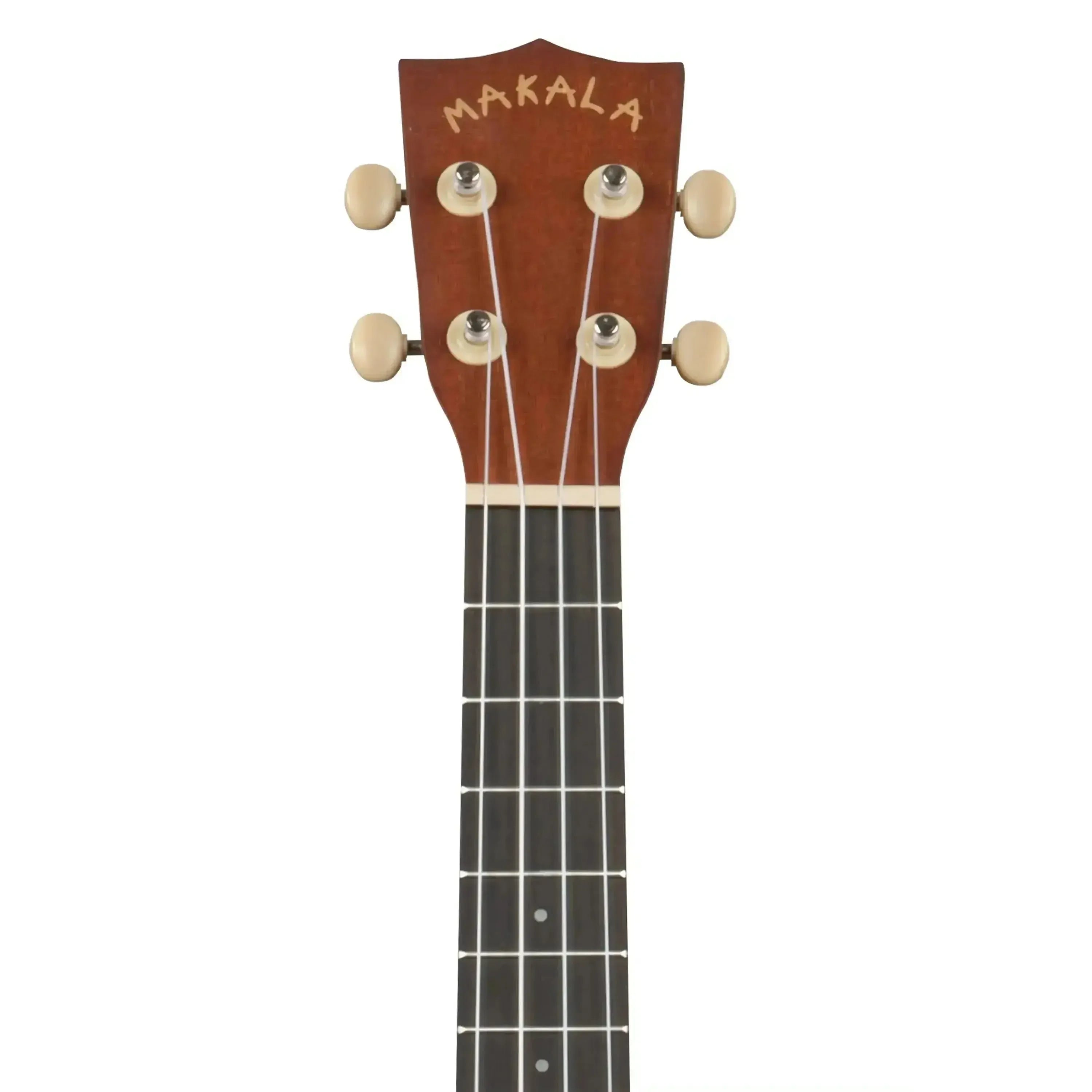 Makala ukulele headstock and neck with "MAKALA" logo, mahogany finish, and cream tuning pegs.