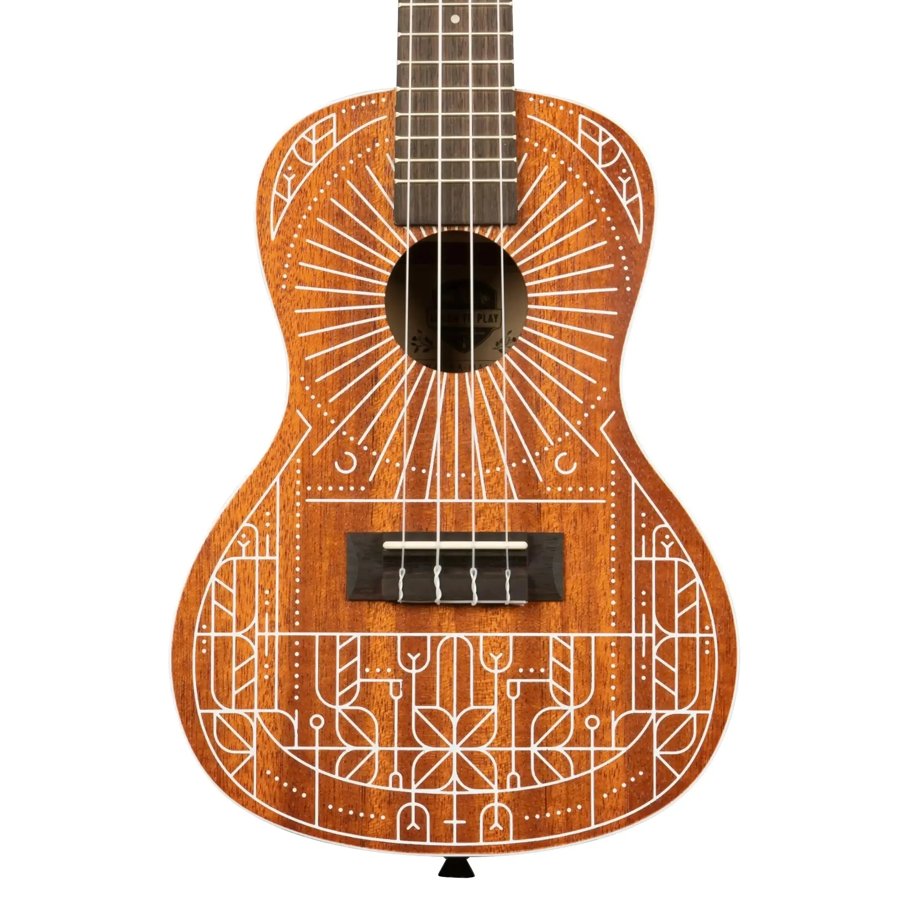 Kala Mandy Harvey Signature Concert Ukulele with mahogany body and unique white geometric sunburst design.