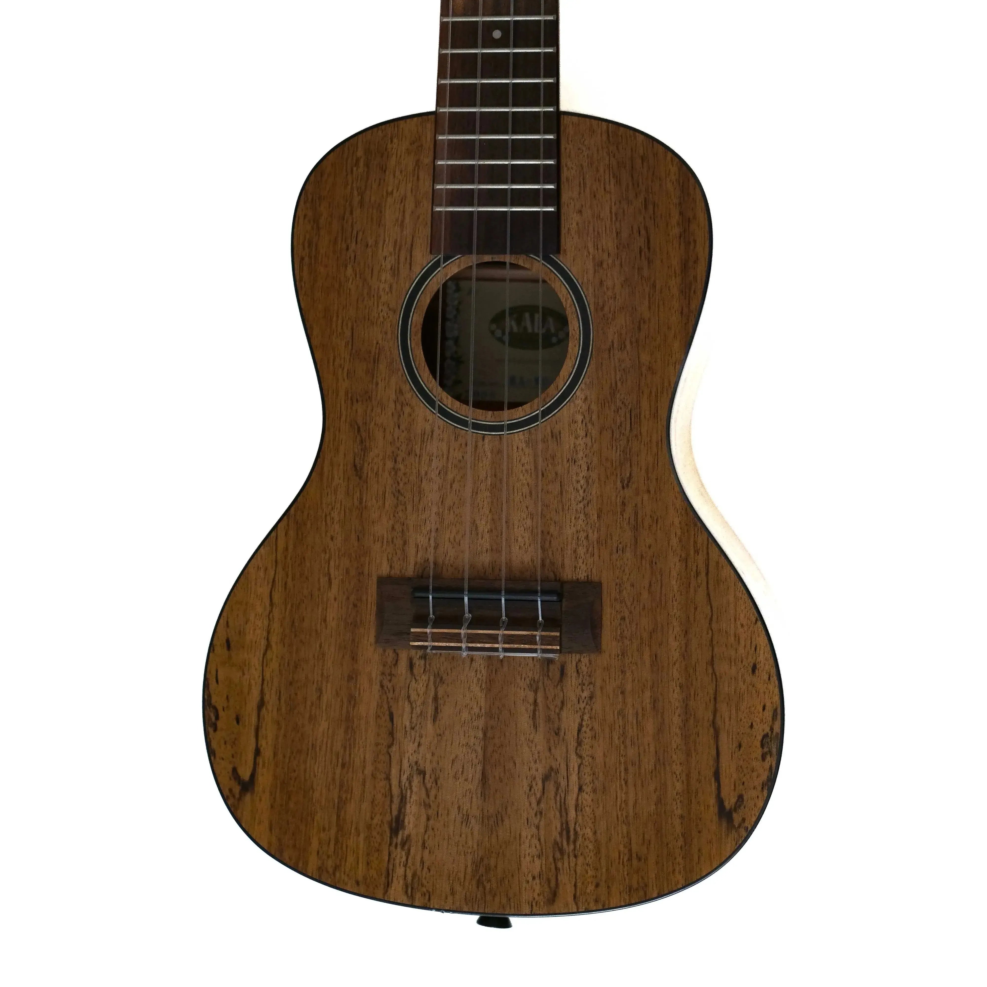 Kala MG-C Spalted Mango Concert Ukulele with dark wood grain, satin finish, and black binding.