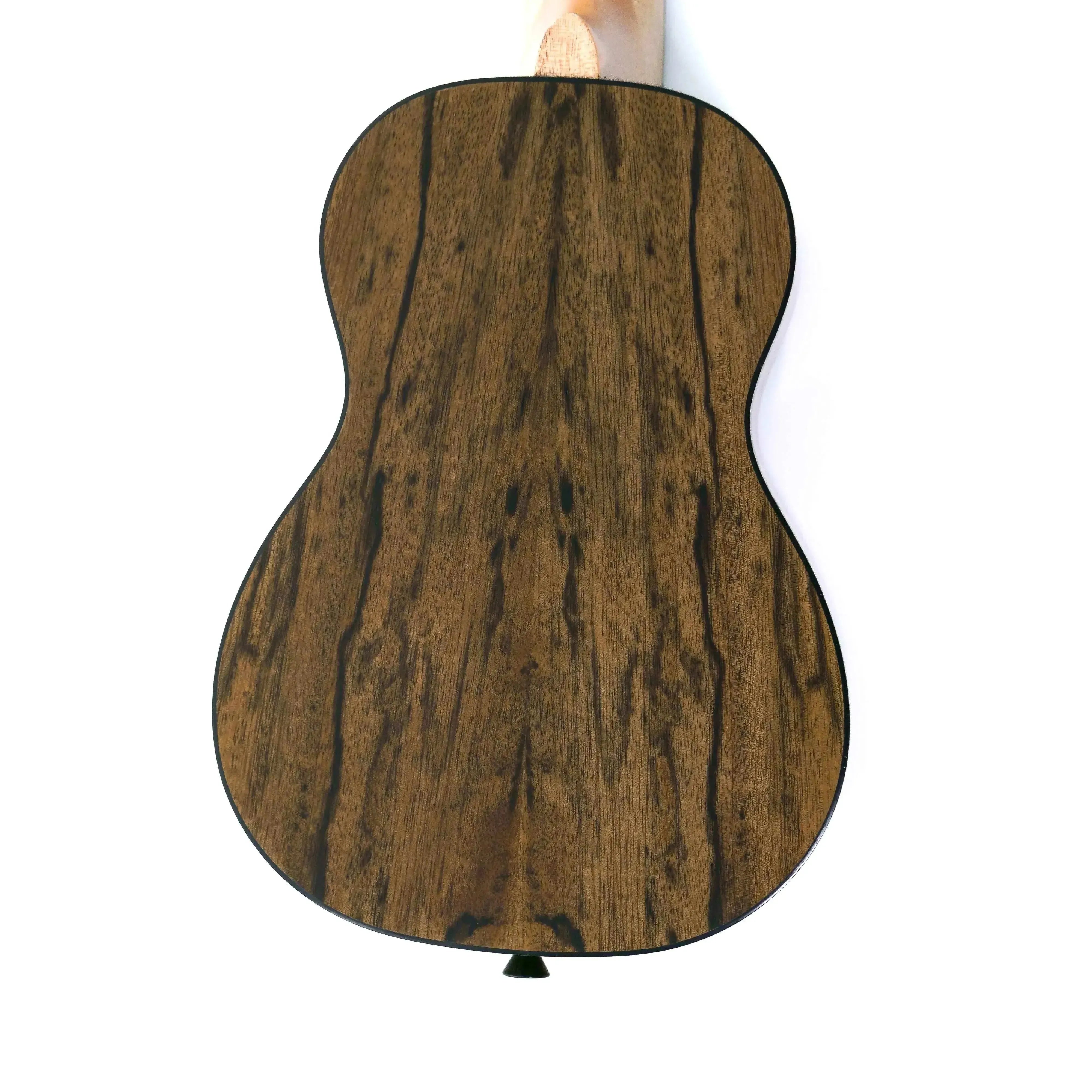Kala MG-SLNG Spalted Mango Longneck Soprano Ukulele back with dark wood grain and black binding.