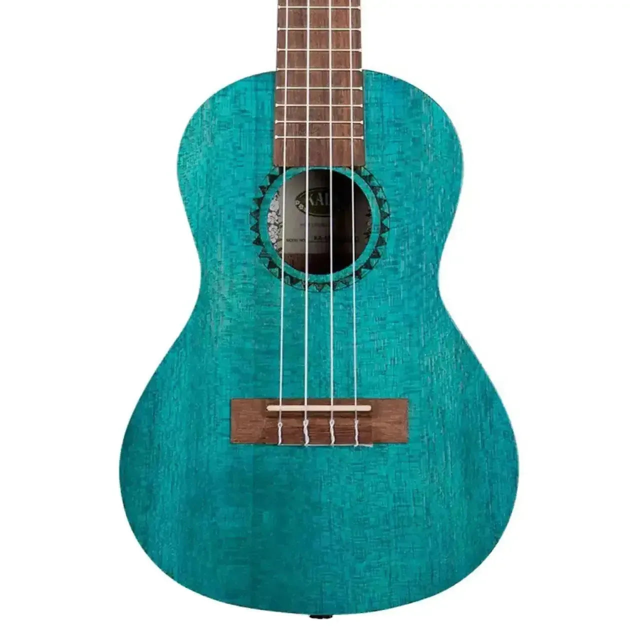 Kala MRT-BLU-C Ocean Blue Watercolor Meranti Concert Ukulele, front view, with soundhole rosette.