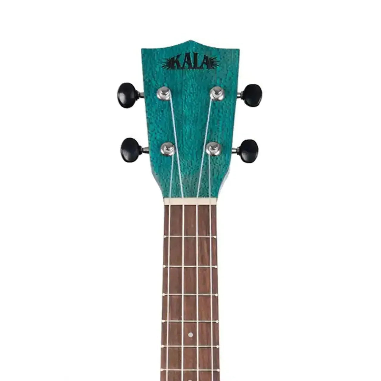 Kala MRT-BLU-C Ocean Blue Meranti Concert Ukulele headstock with black tuners and fretboard.
