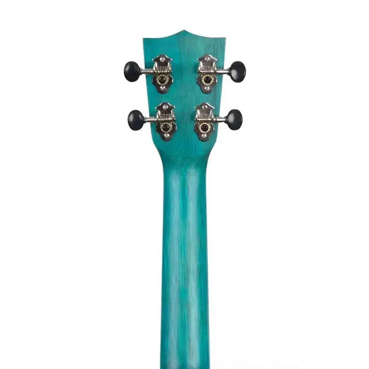 Back of Kala MRT-BLU-C Ocean Blue Meranti Concert Ukulele headstock and neck with chrome open gear tuners.
