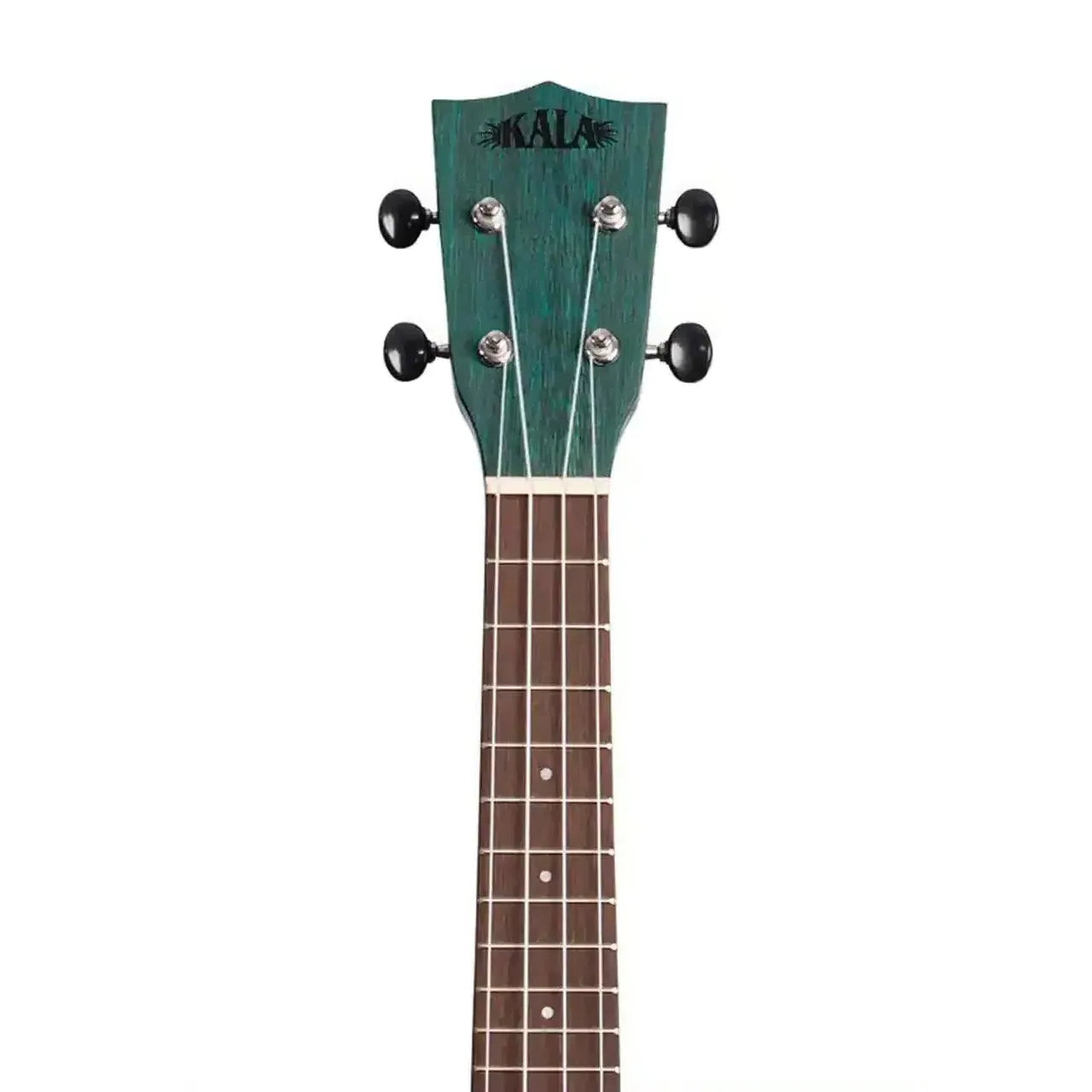 Kala Ocean Blue Meranti Soprano Ukulele headstock with black open gear tuners and dark fingerboard.