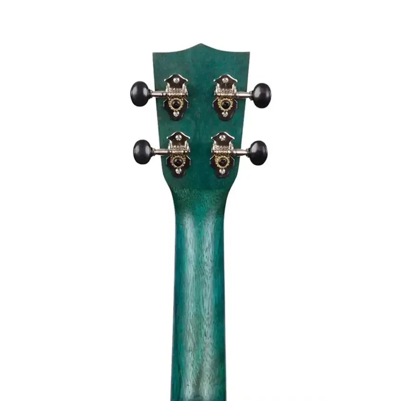 Kala Ocean Blue Meranti Soprano Ukulele headstock and neck with chrome open gear tuners.