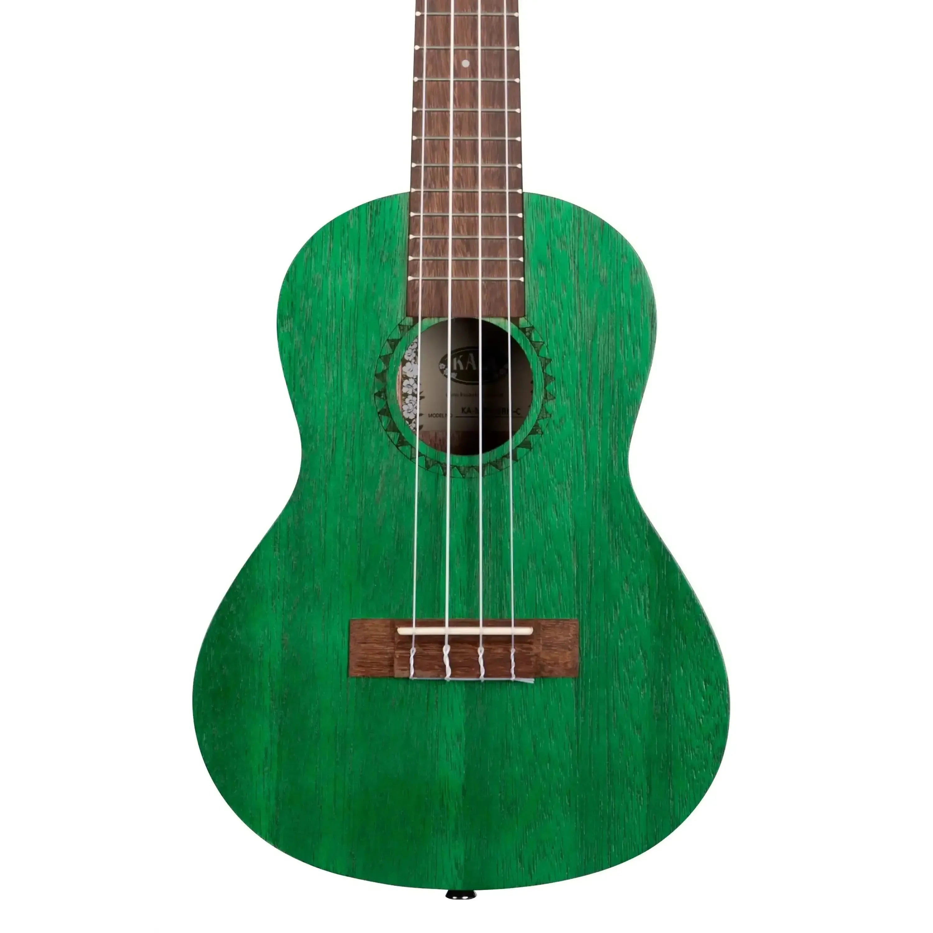 Kala Fern Green Watercolor Meranti Concert Ukulele, showing its vibrant green body and natural wood grain.