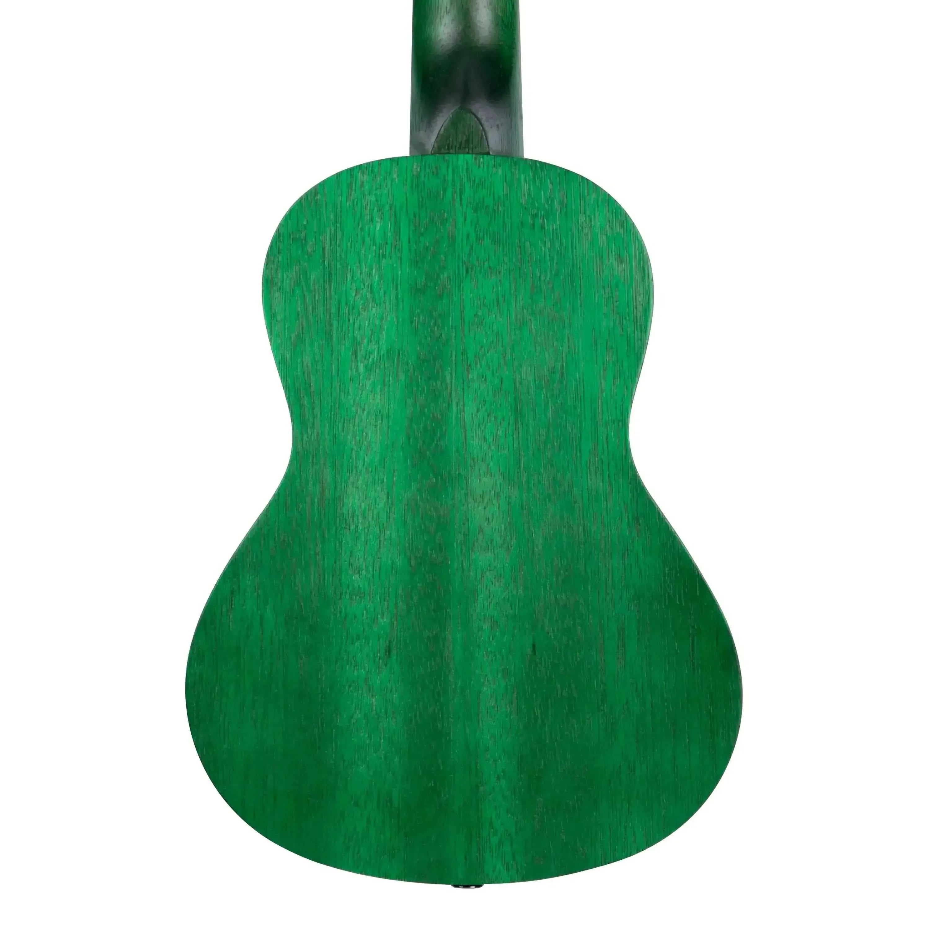 Kala Fern Green Watercolor Meranti Concert Ukulele, back view, showing wood grain.