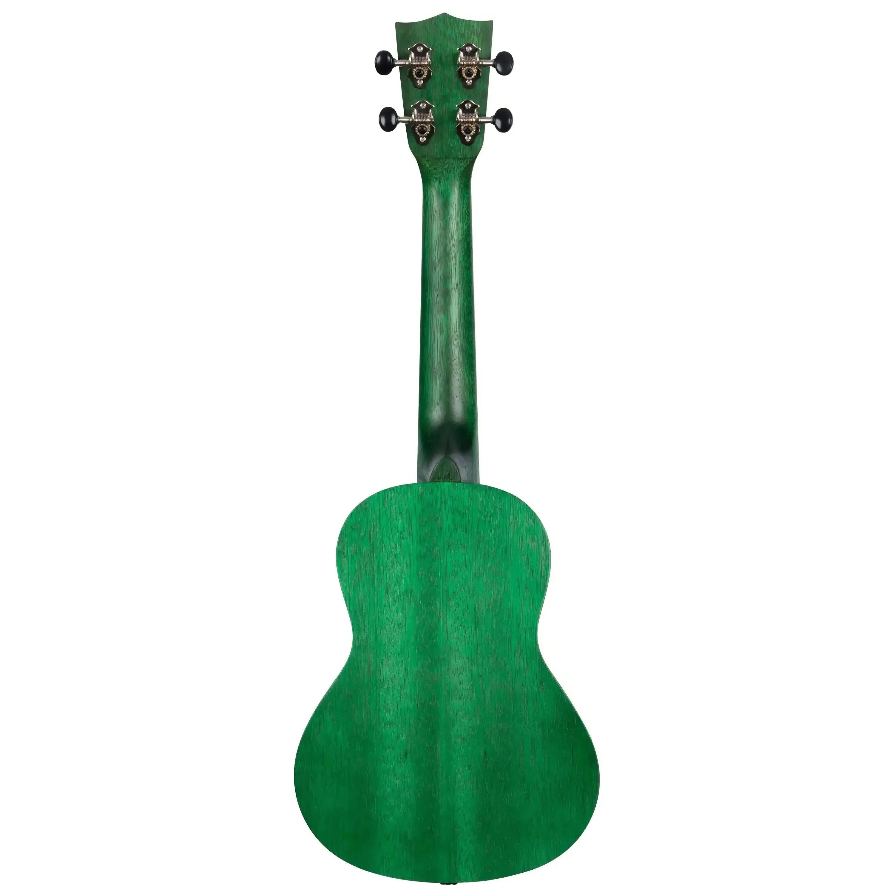 Kala Fern Green Watercolor Meranti Concert Ukulele, back view, showing neck and tuning pegs.