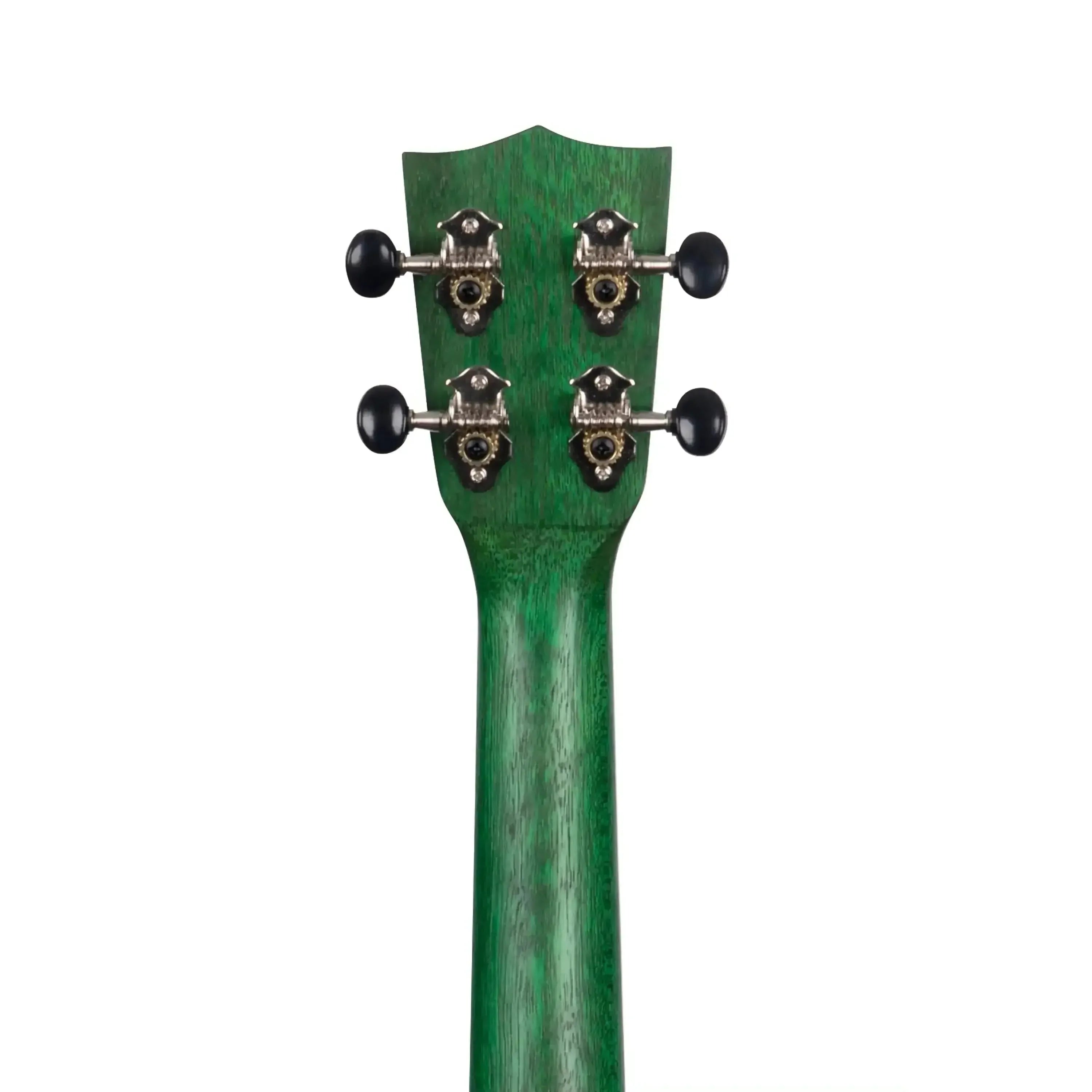 Kala Fern Green Watercolor Meranti Concert Ukulele headstock with black tuning pegs.