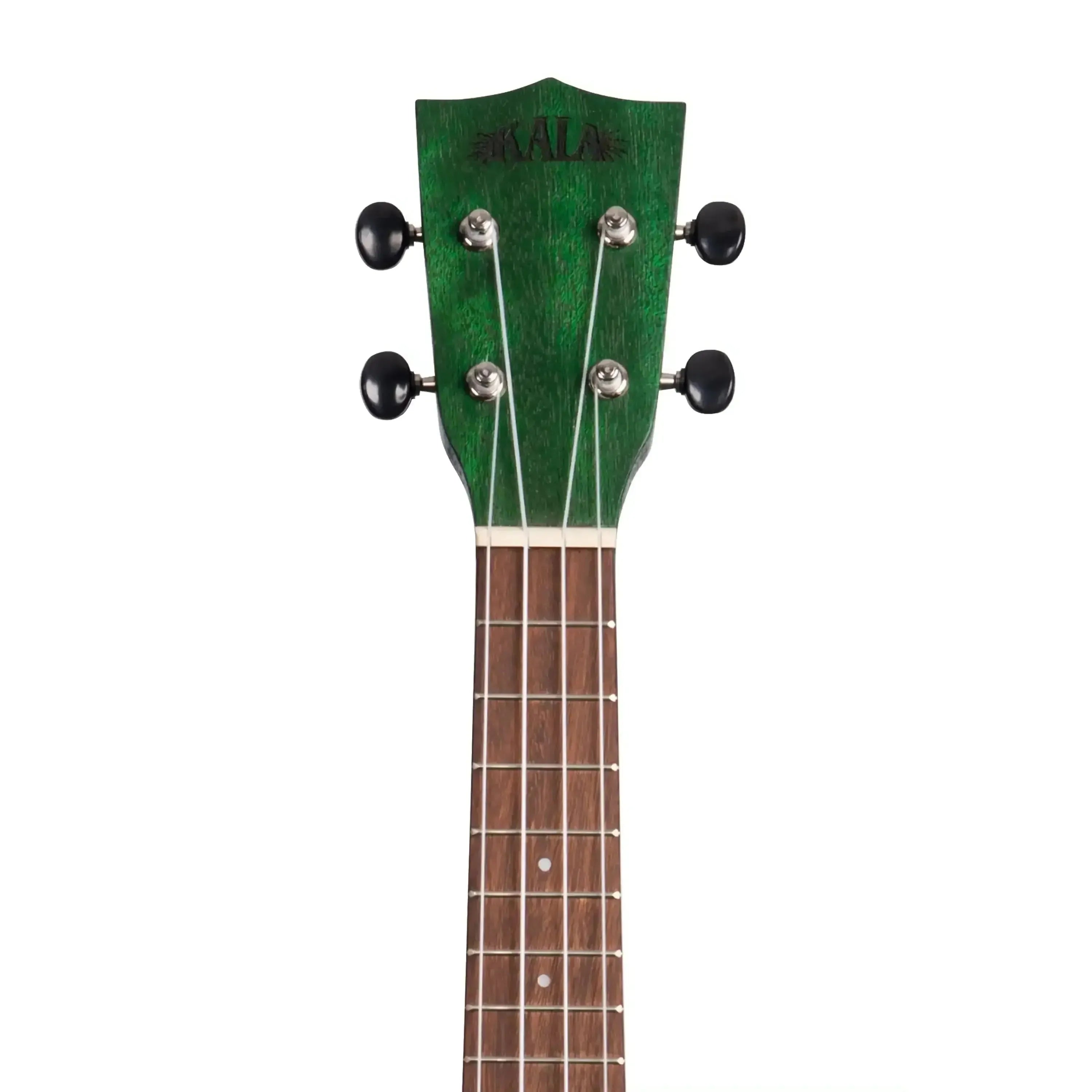 Kala Fern Green Watercolor Meranti Soprano Ukulele headstock with black tuners and Nandu fingerboard.