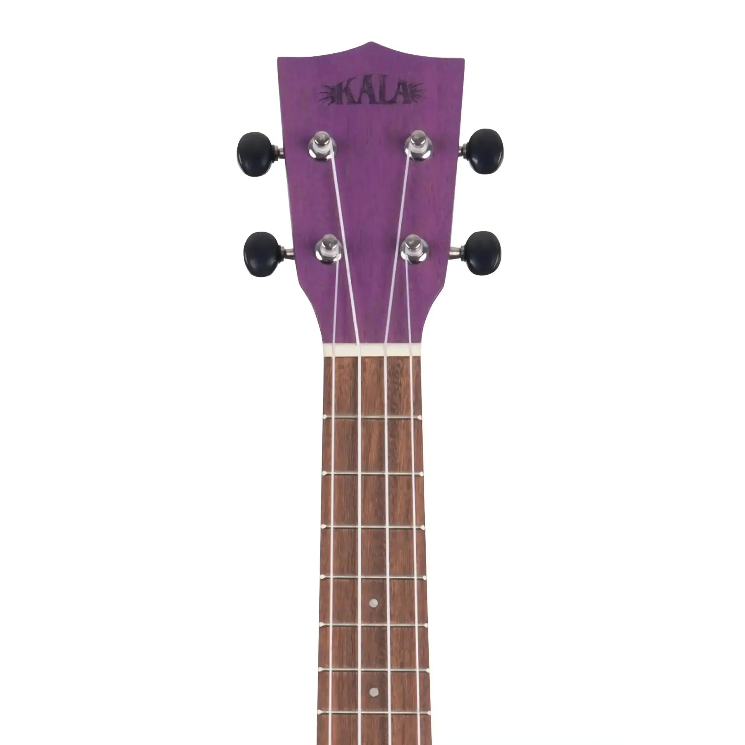 Kala Royal Purple Watercolor Meranti Concert Ukulele headstock with black tuners and logo.