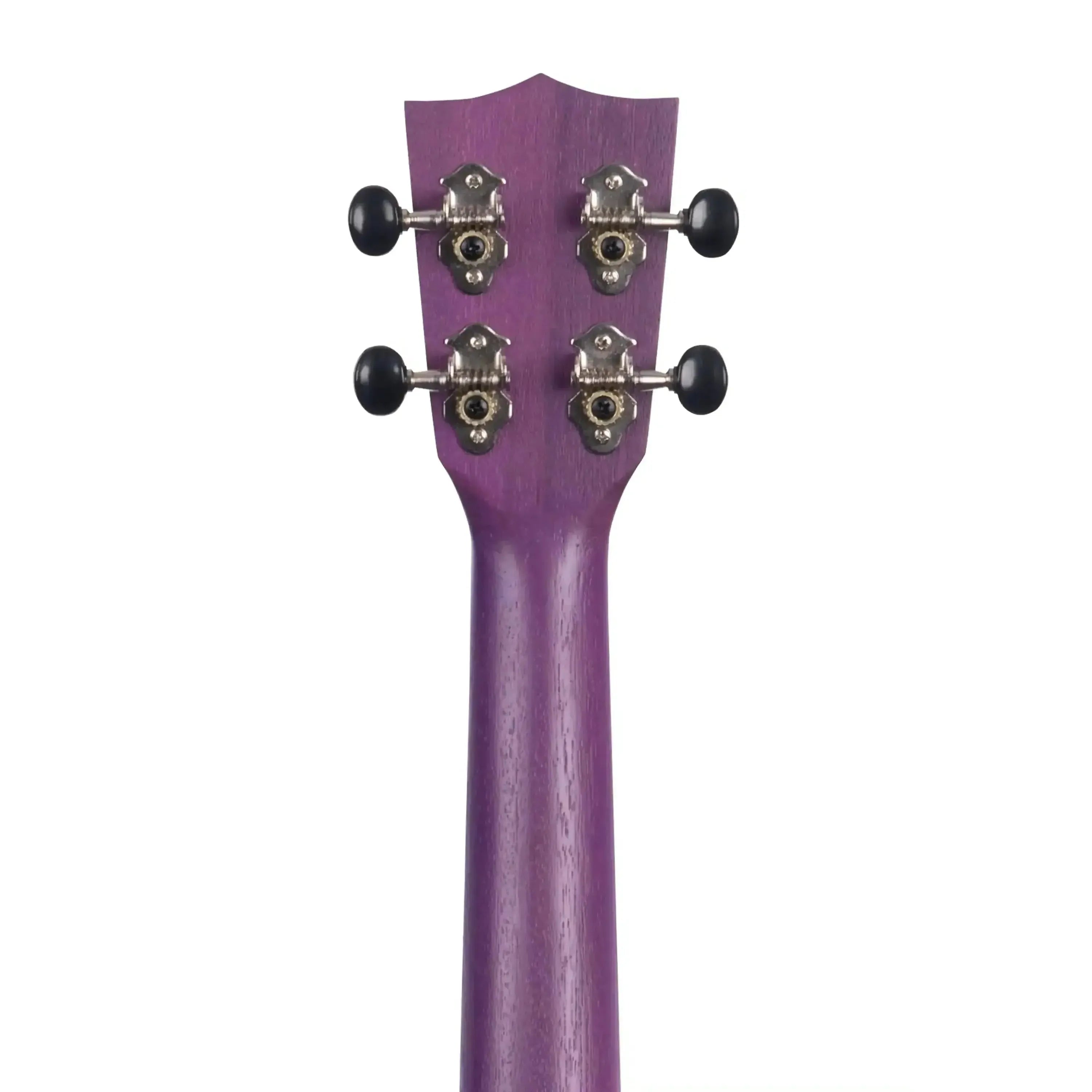 Kala Royal Purple Watercolor Meranti Concert Ukulele headstock and neck with chrome open gear tuners.