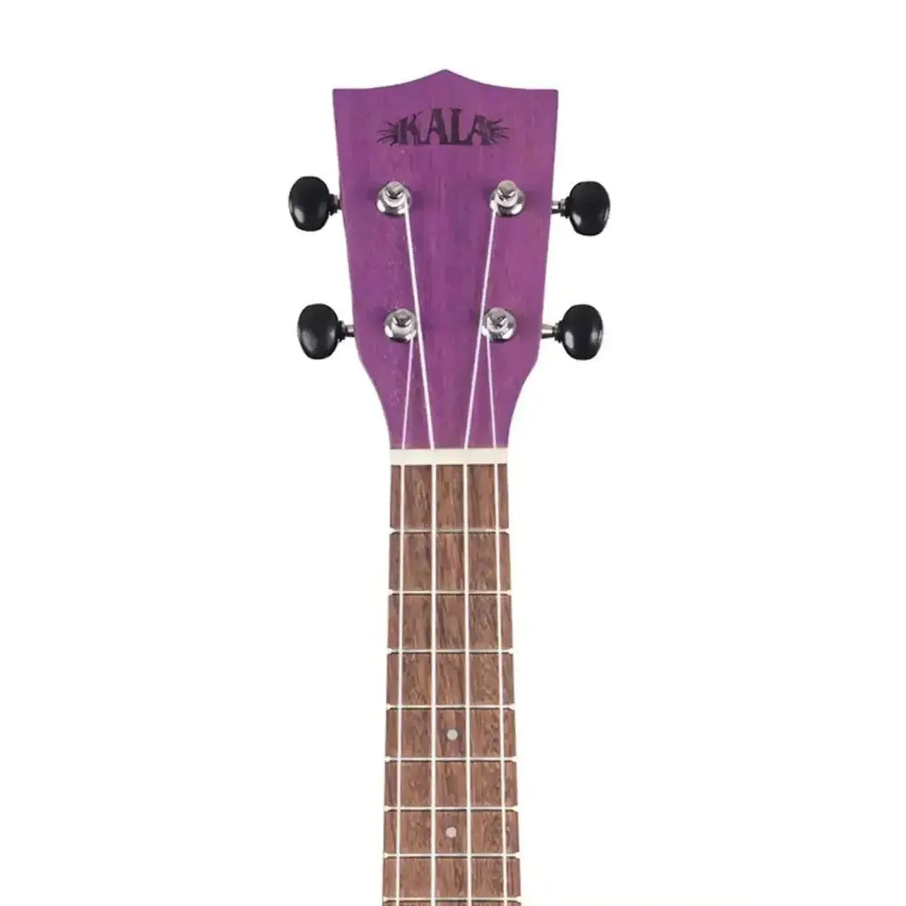Kala Royal Purple Meranti Soprano Ukulele headstock with black tuners and light strings.