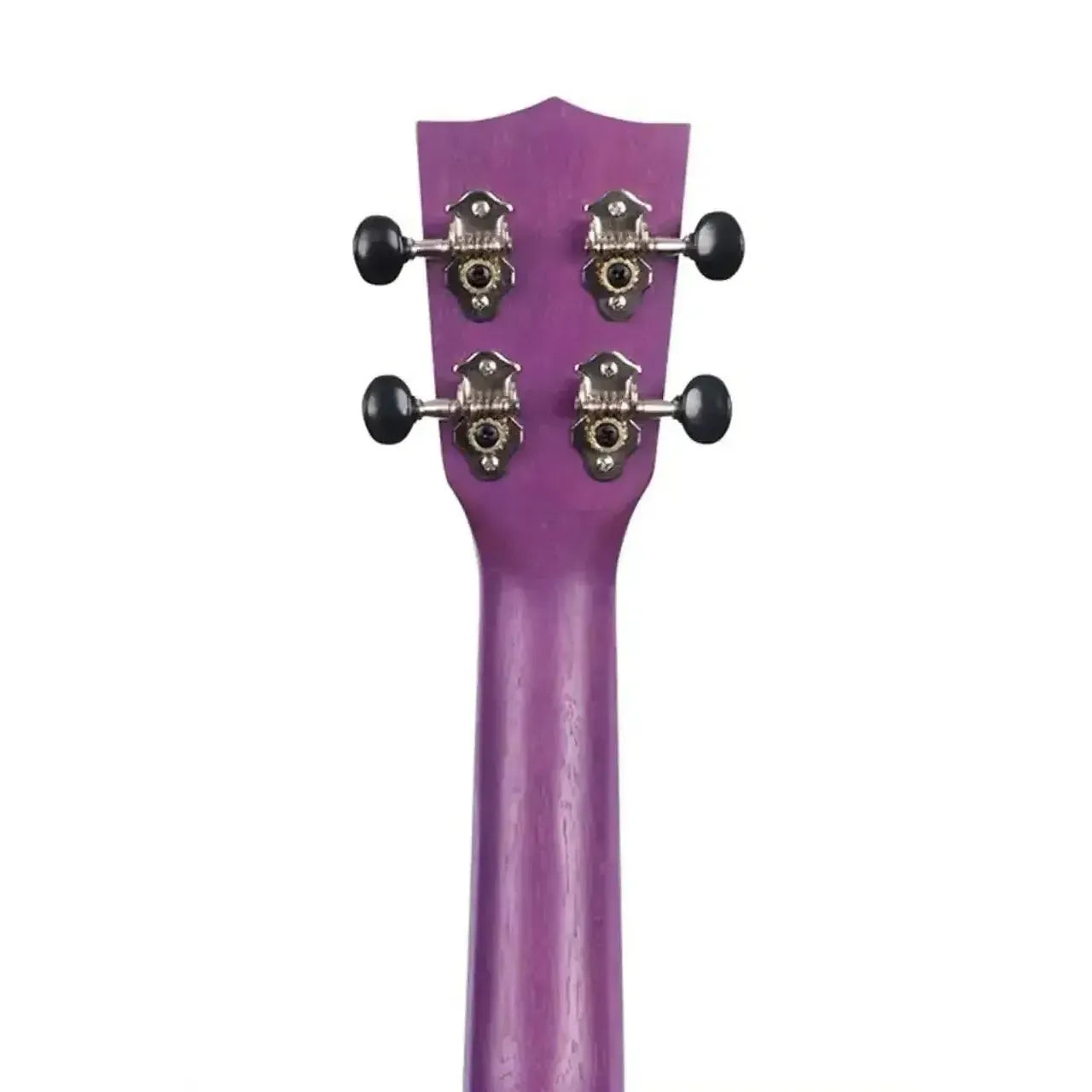Back of Kala Royal Purple Meranti Soprano Ukulele headstock and neck, showing chrome open gear tuners.