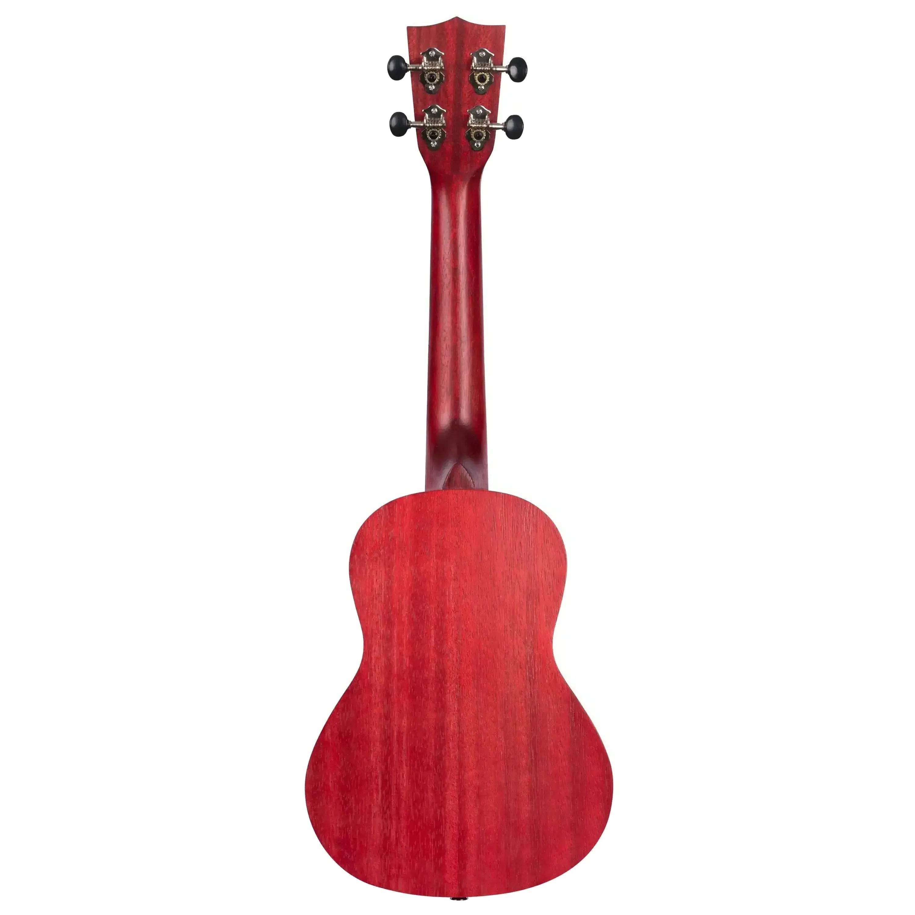 Kala MRT-RED-C Red Stained Meranti Concert Ukulele, back view, with chrome tuners.