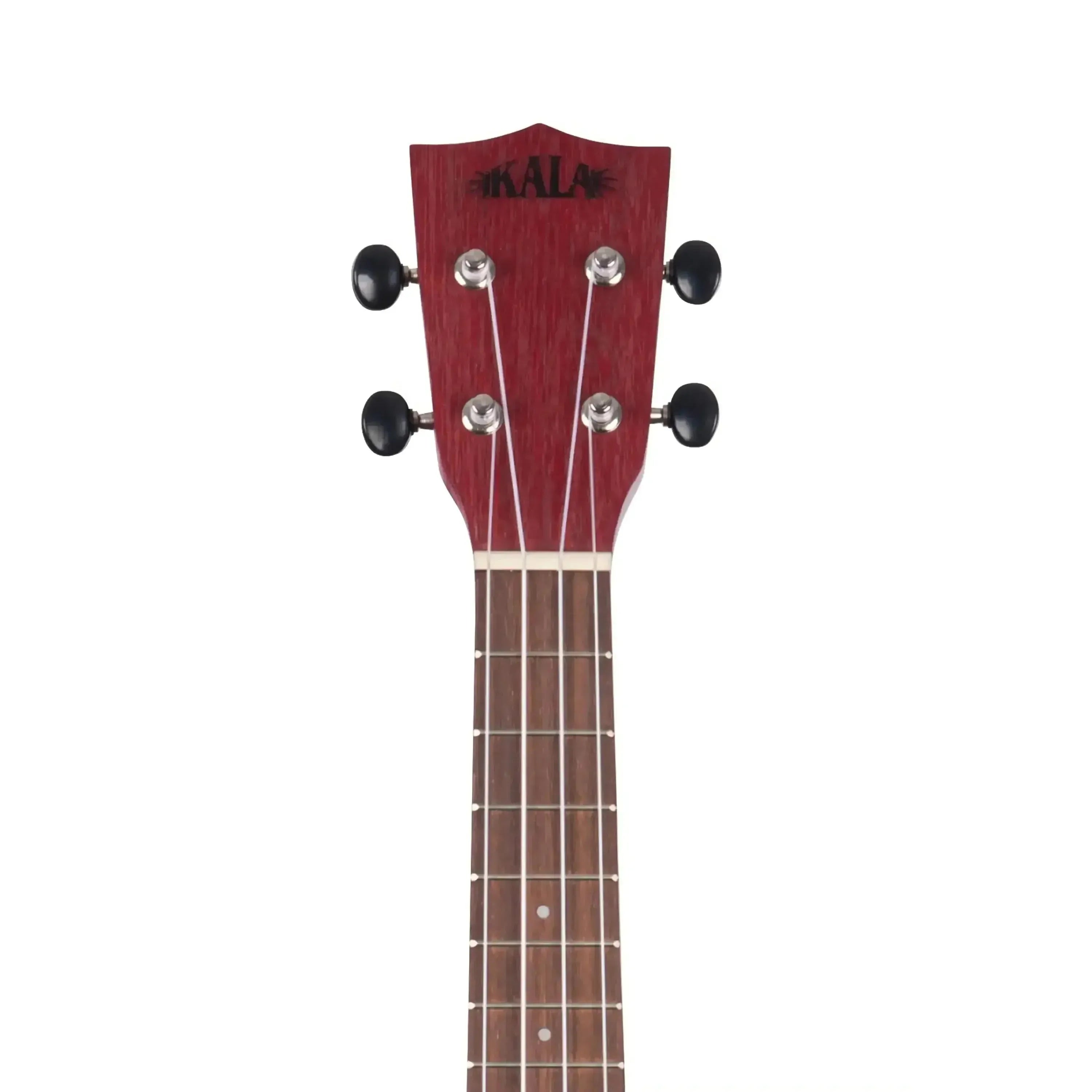 Kala MRT-RED-C Red Meranti Concert Ukulele headstock with black tuners and logo.