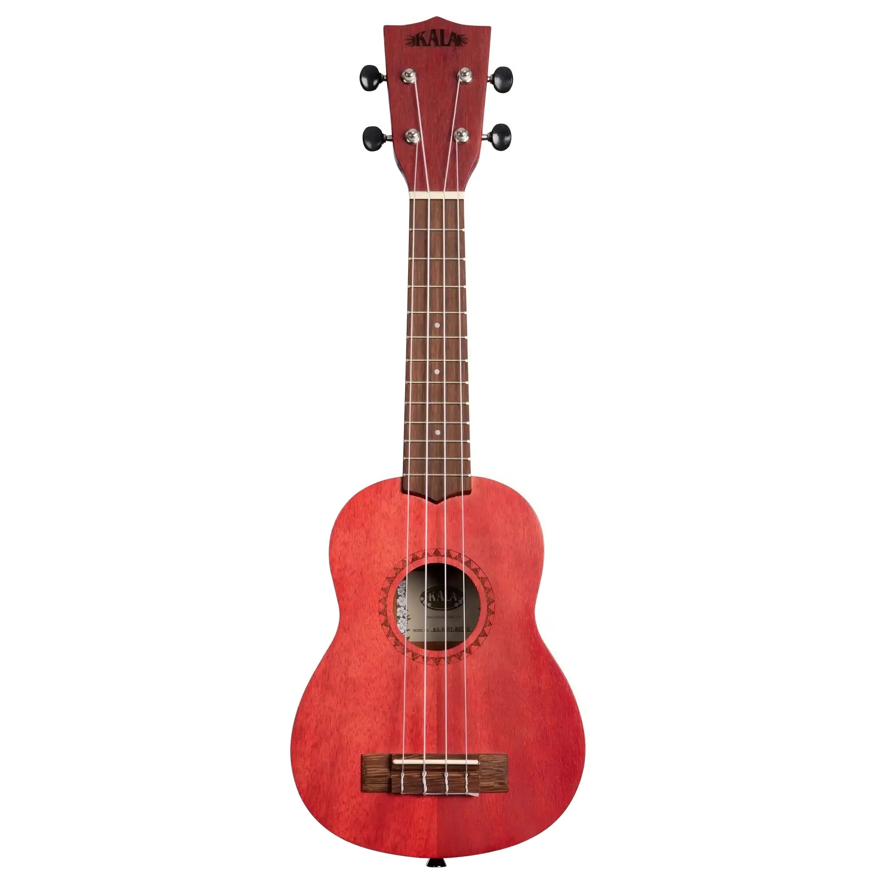 Kala MRT-RED-S red meranti soprano ukulele with satin finish and black tuners.