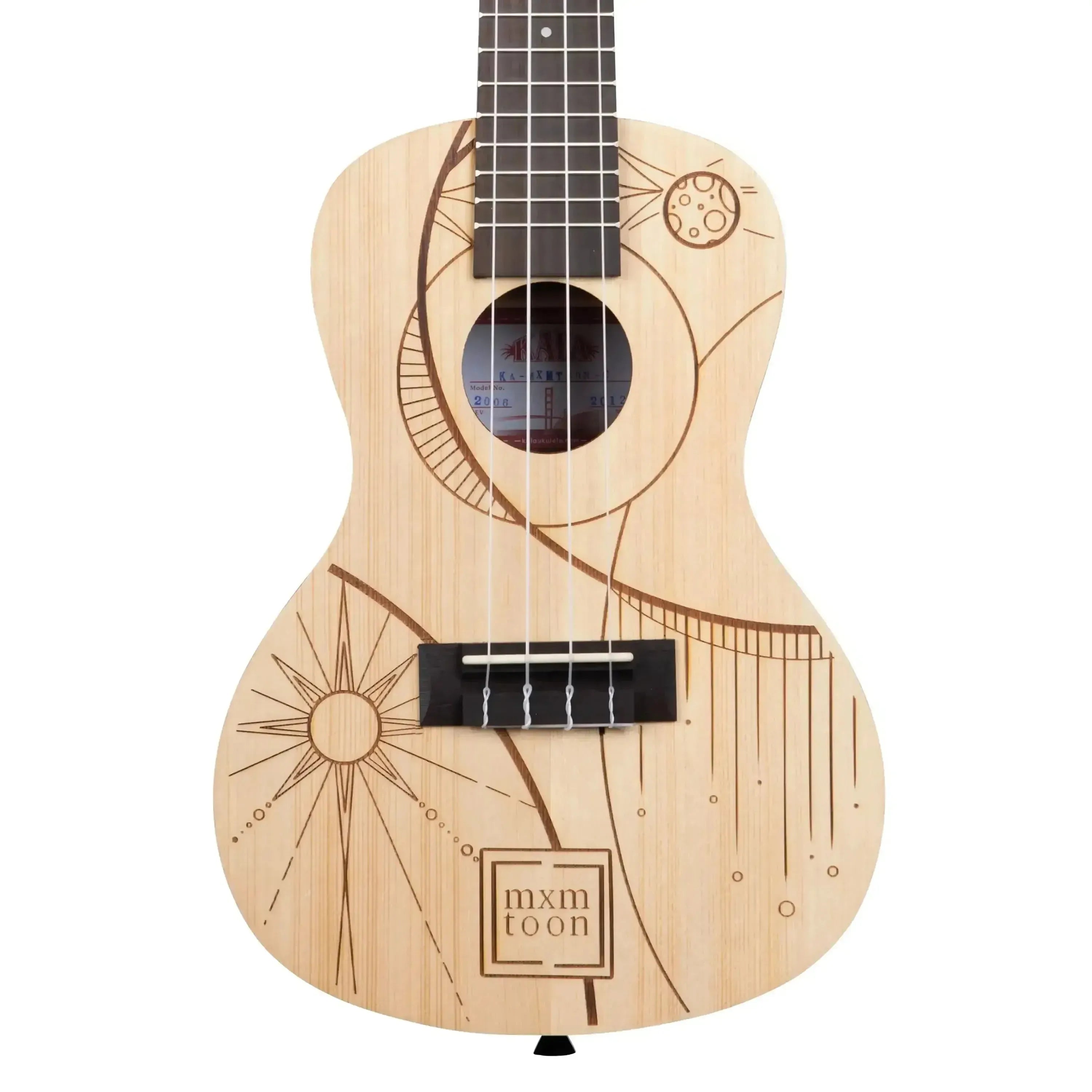 Kala mxmtoon Signature Concert Ukulele with light spruce top and unique celestial-themed etched design.