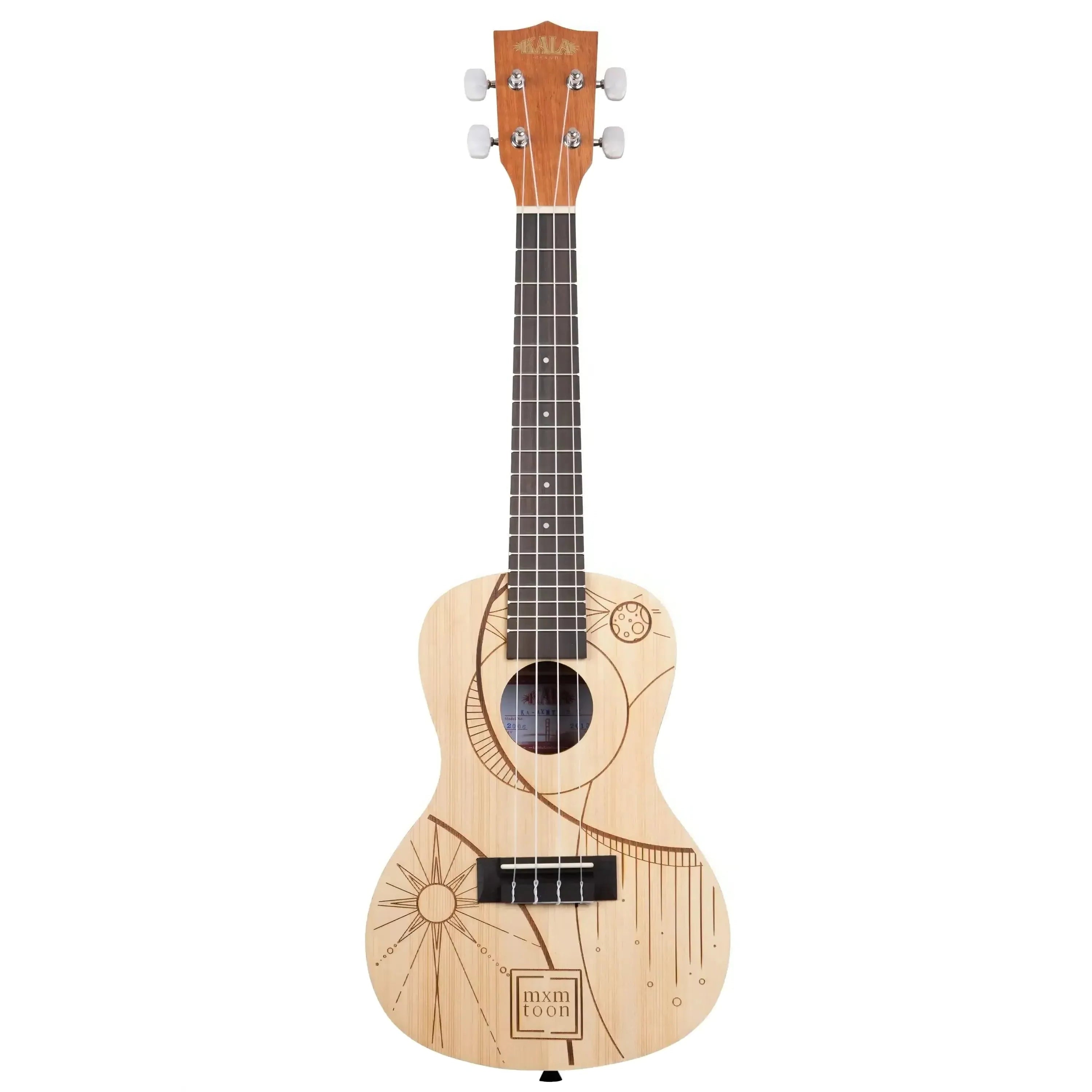 Kala mxmtoon Signature Concert Ukulele with light spruce top and unique sun/moon etched design.