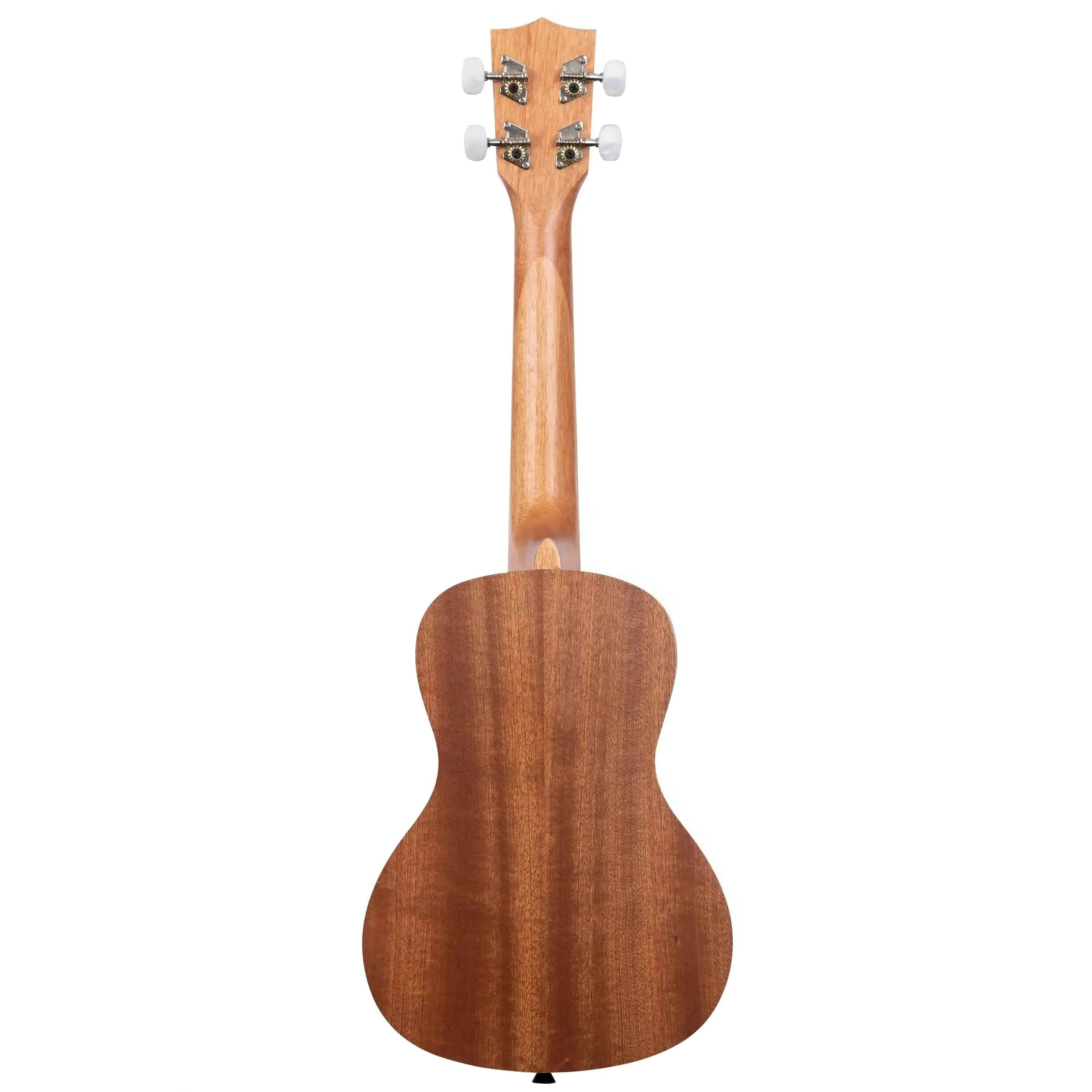 Back of Kala mxmtoon Signature Concert Ukulele, natural mahogany wood with satin finish and white tuning pegs.