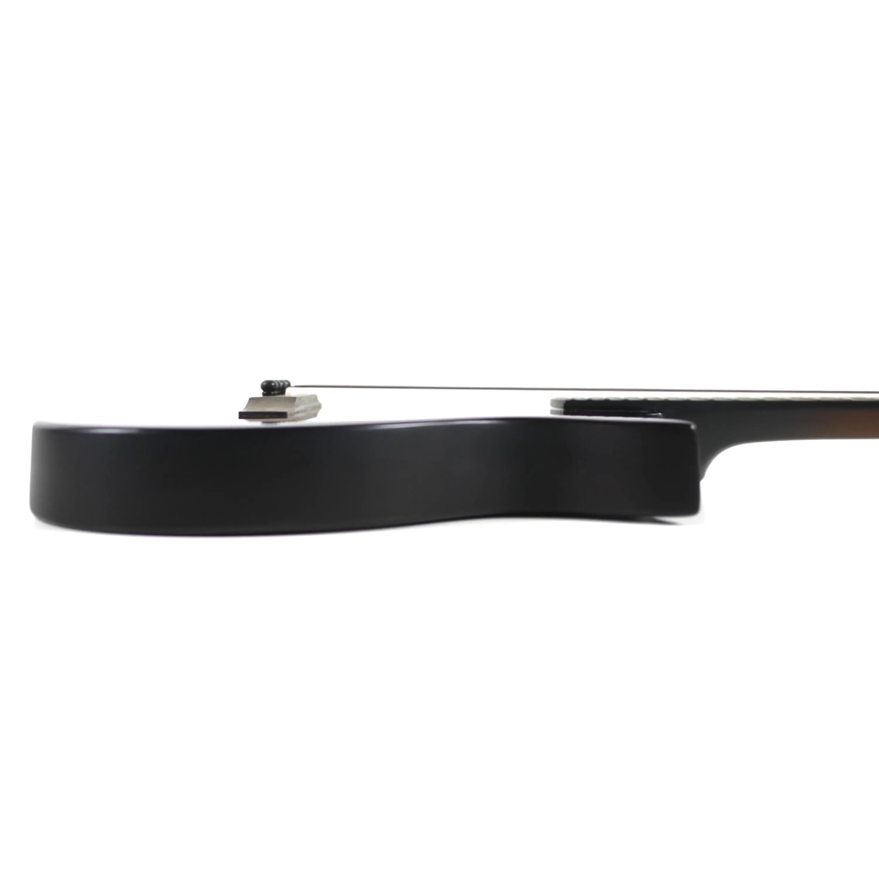 Side view of a Kala Revelator Nautilus Horizon Tenor Ukulele with a black body and neck.