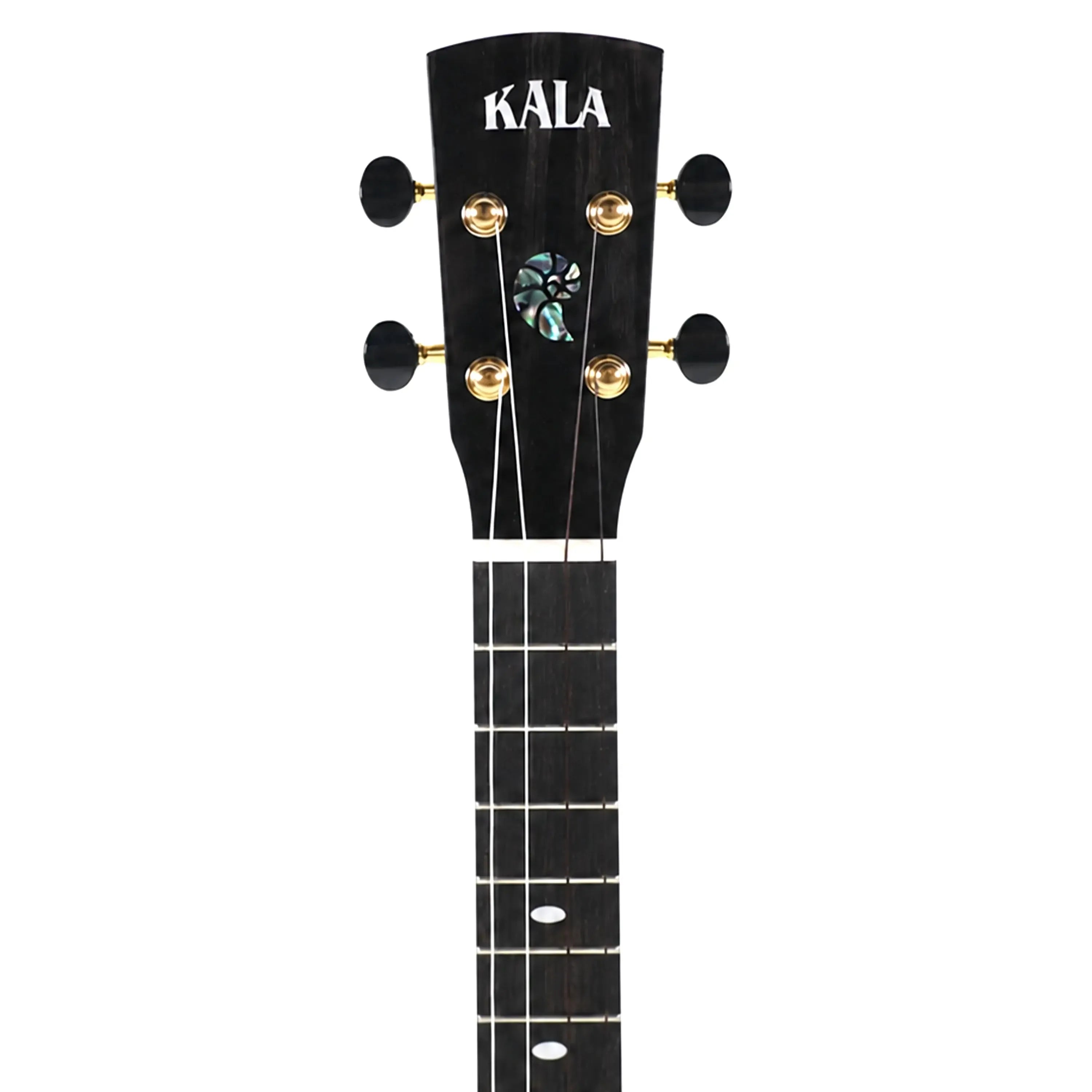 Kala Revelator Nautilus ukulele headstock with black tuners, abalone inlay, and dark fretboard.