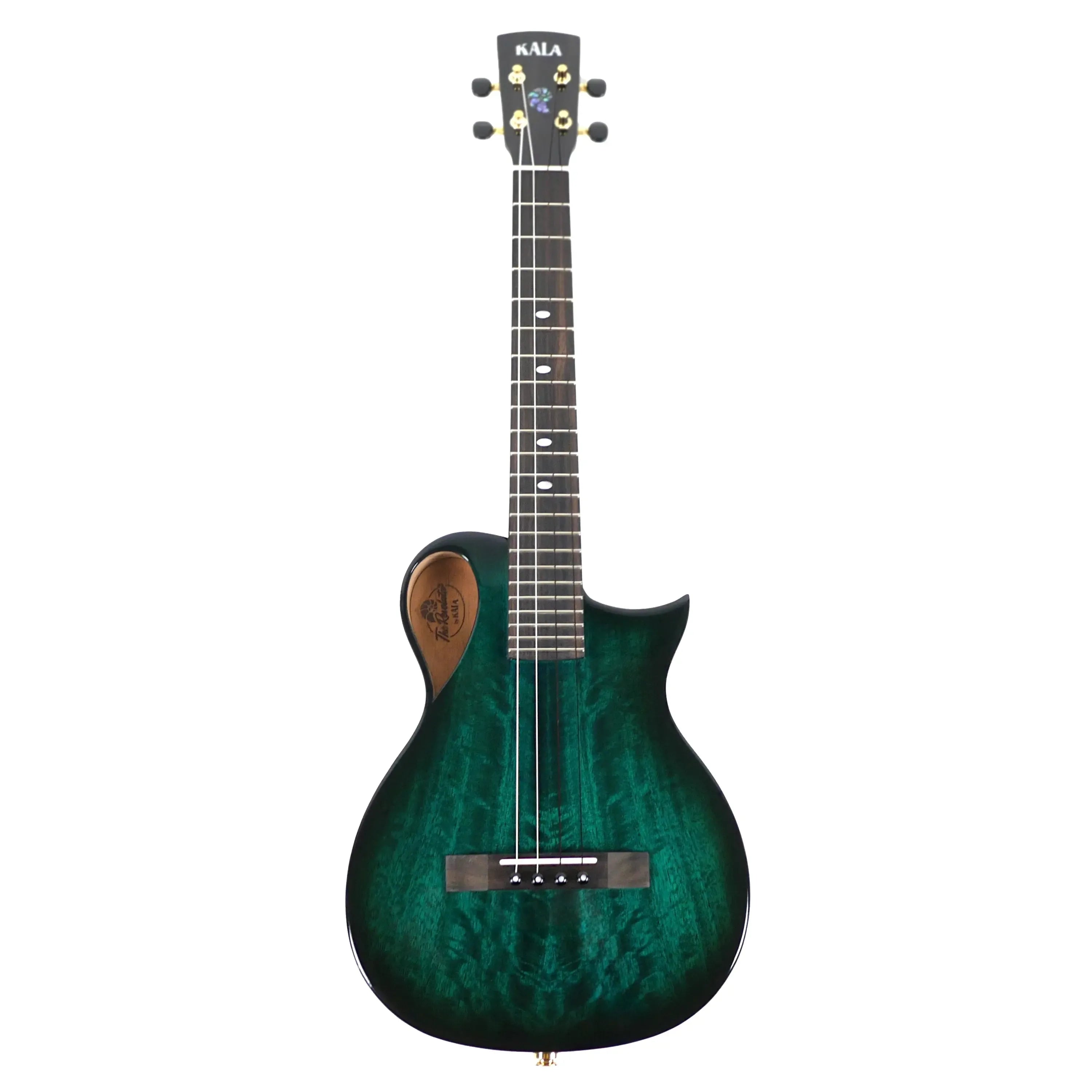 Kala Revelator Nautilus Horizon Tenor Ukulele with Blue Lagoon gloss finish, figured mango top, and Florentine cutaway.