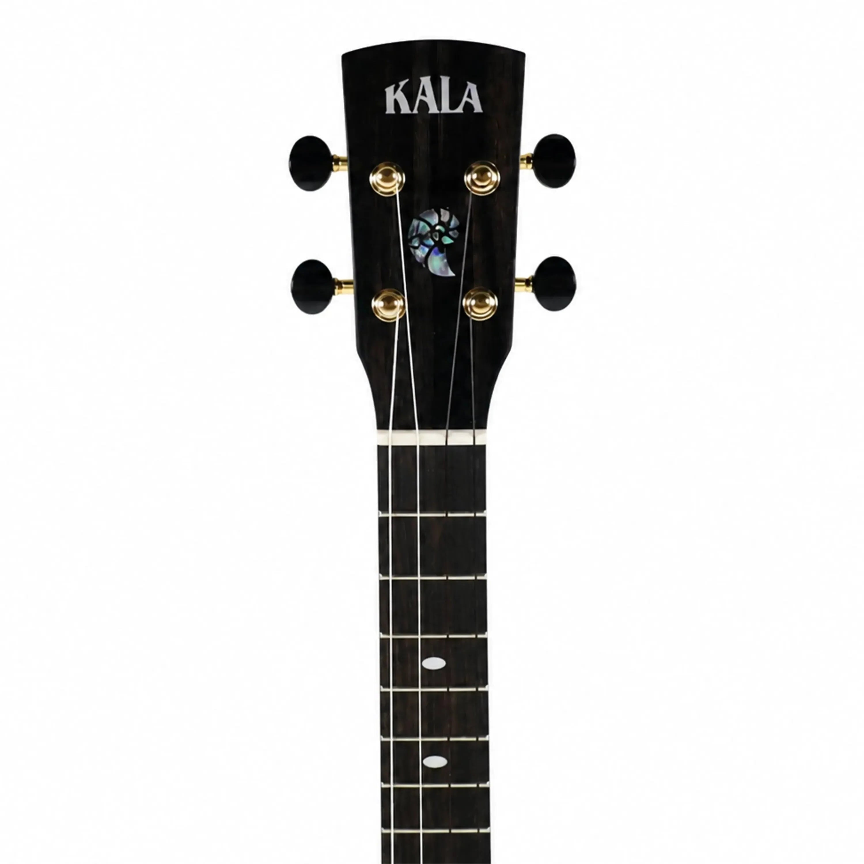 Kala Revelator Nautilus Horizon Tenor Ukulele headstock with black Grover tuners and abalone shell inlay.