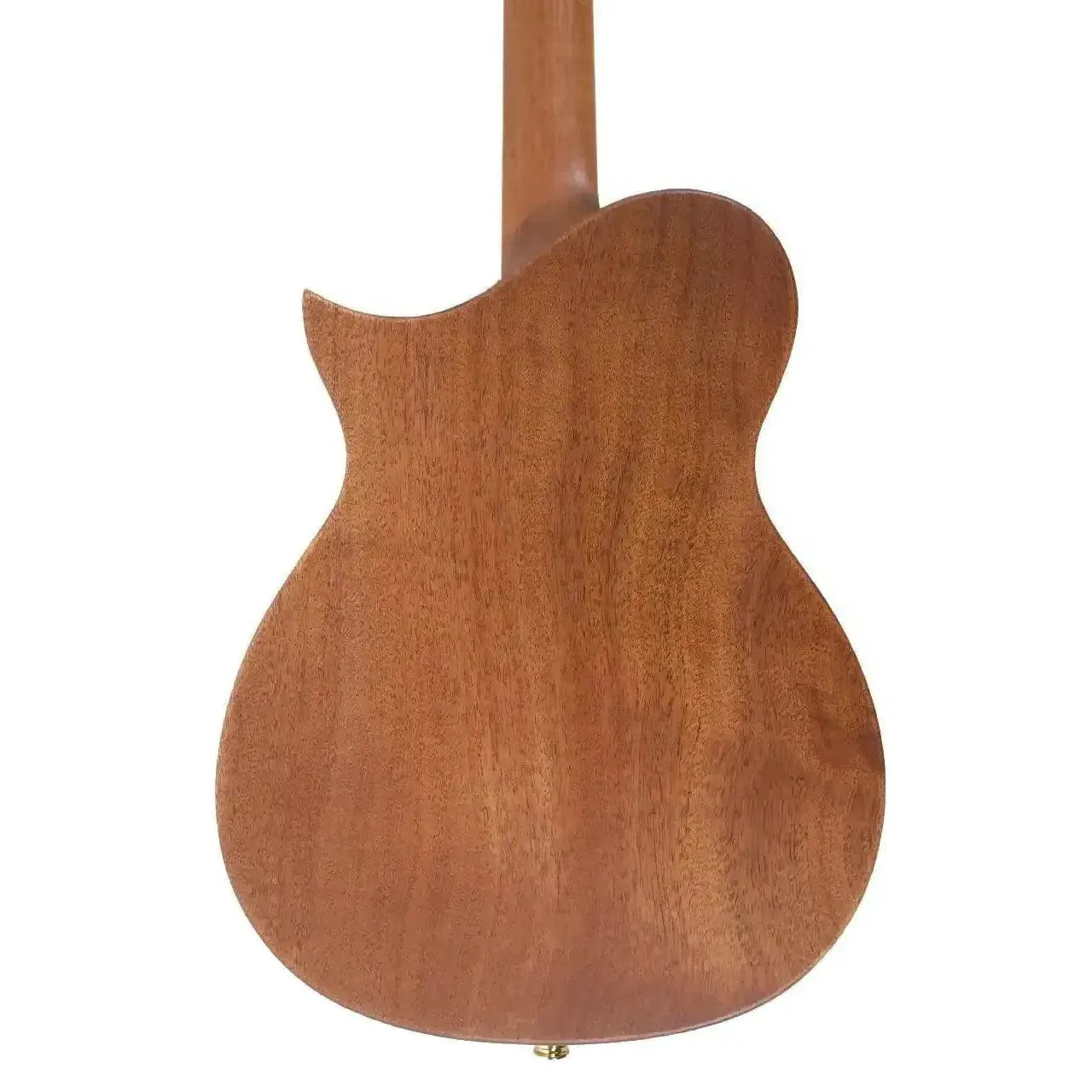 Kala Revelator Nautilus Baritone Ukulele, back view, natural Hawaiian Koa wood with Florentine cutaway.