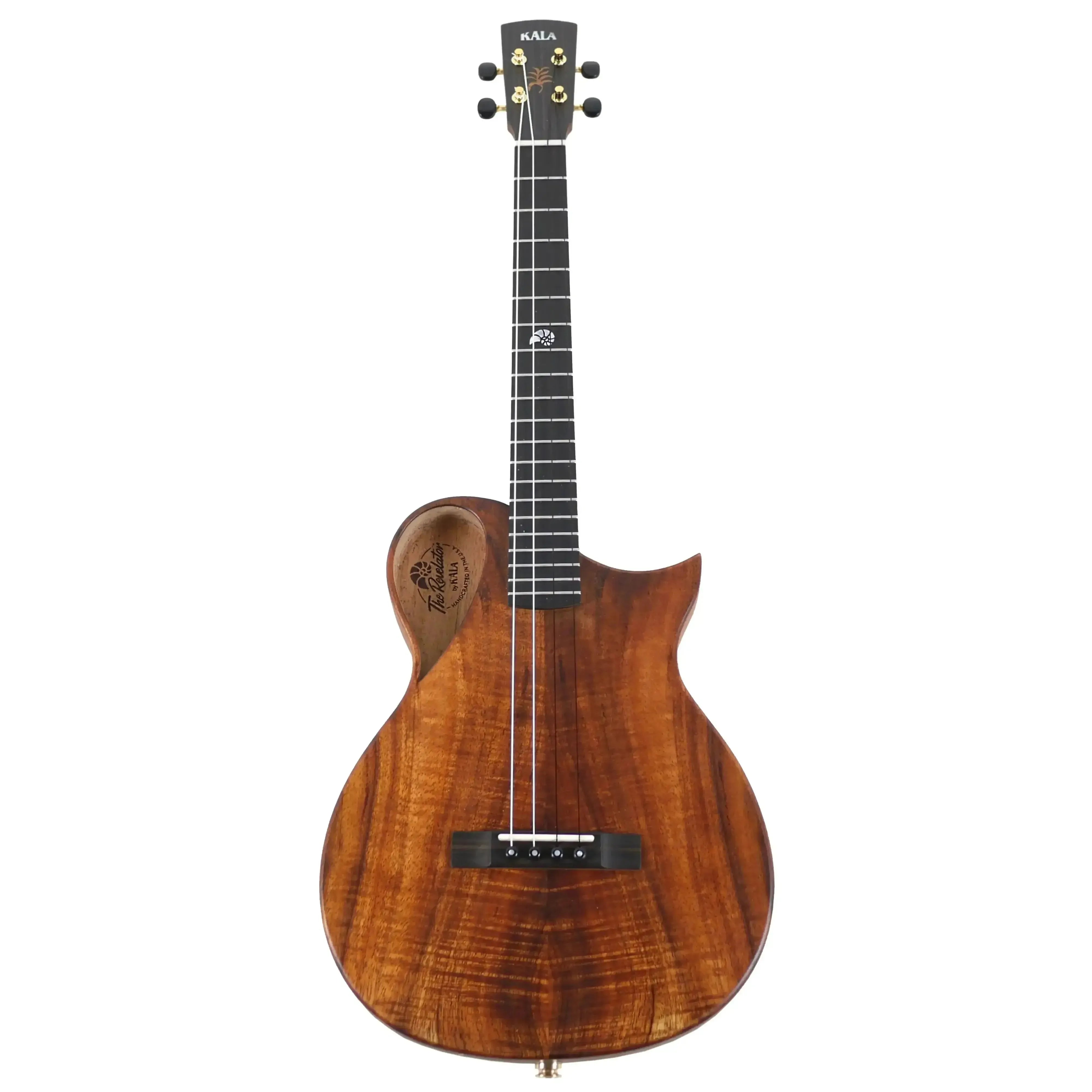Kala Revelator Nautilus Baritone Ukulele with Hawaiian Koa body, ebony headstock, and Florentine cutaway.