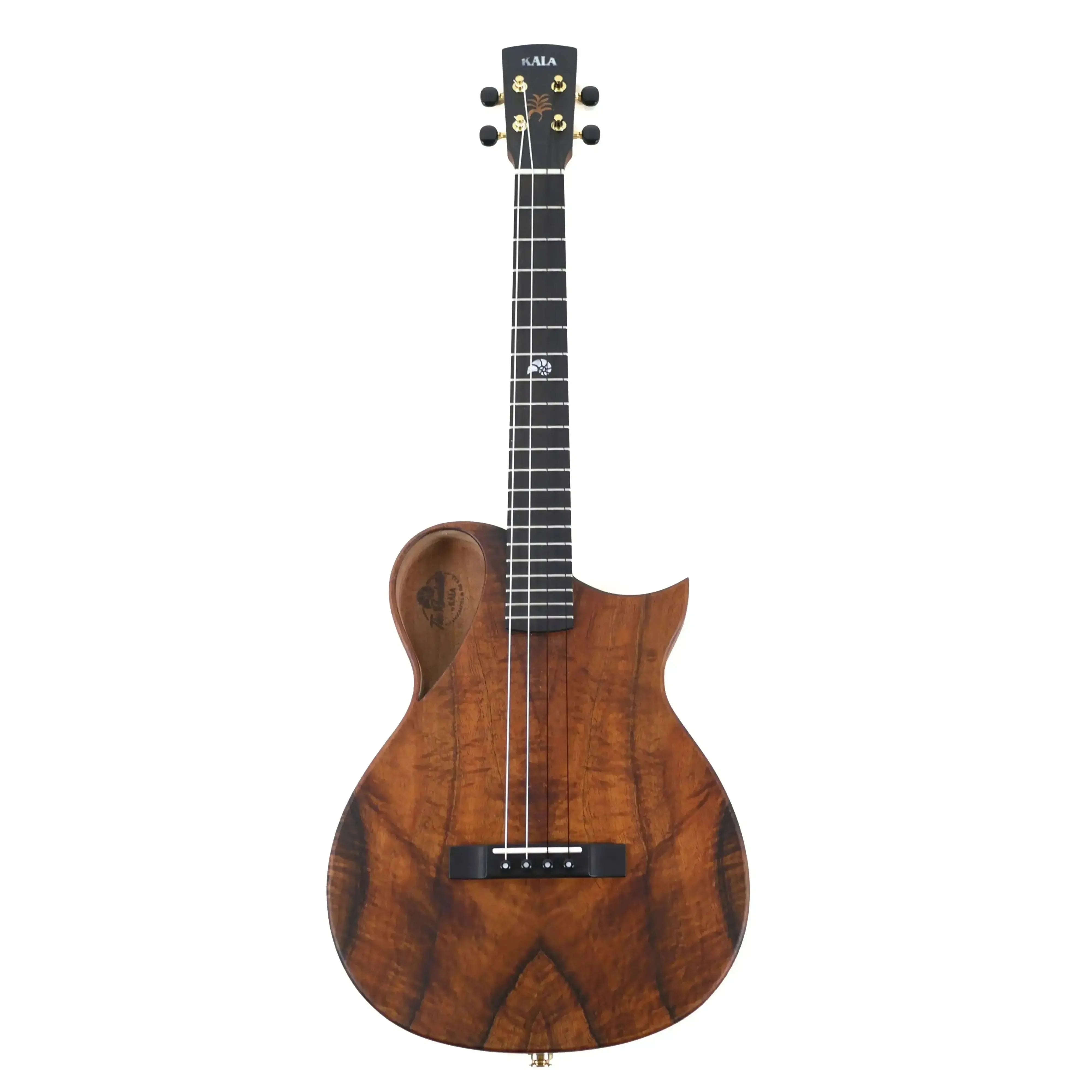 Kala Revelator Nautilus Baritone Ukulele with Hawaiian Koa body, Florentine cutaway, and gold tuners.