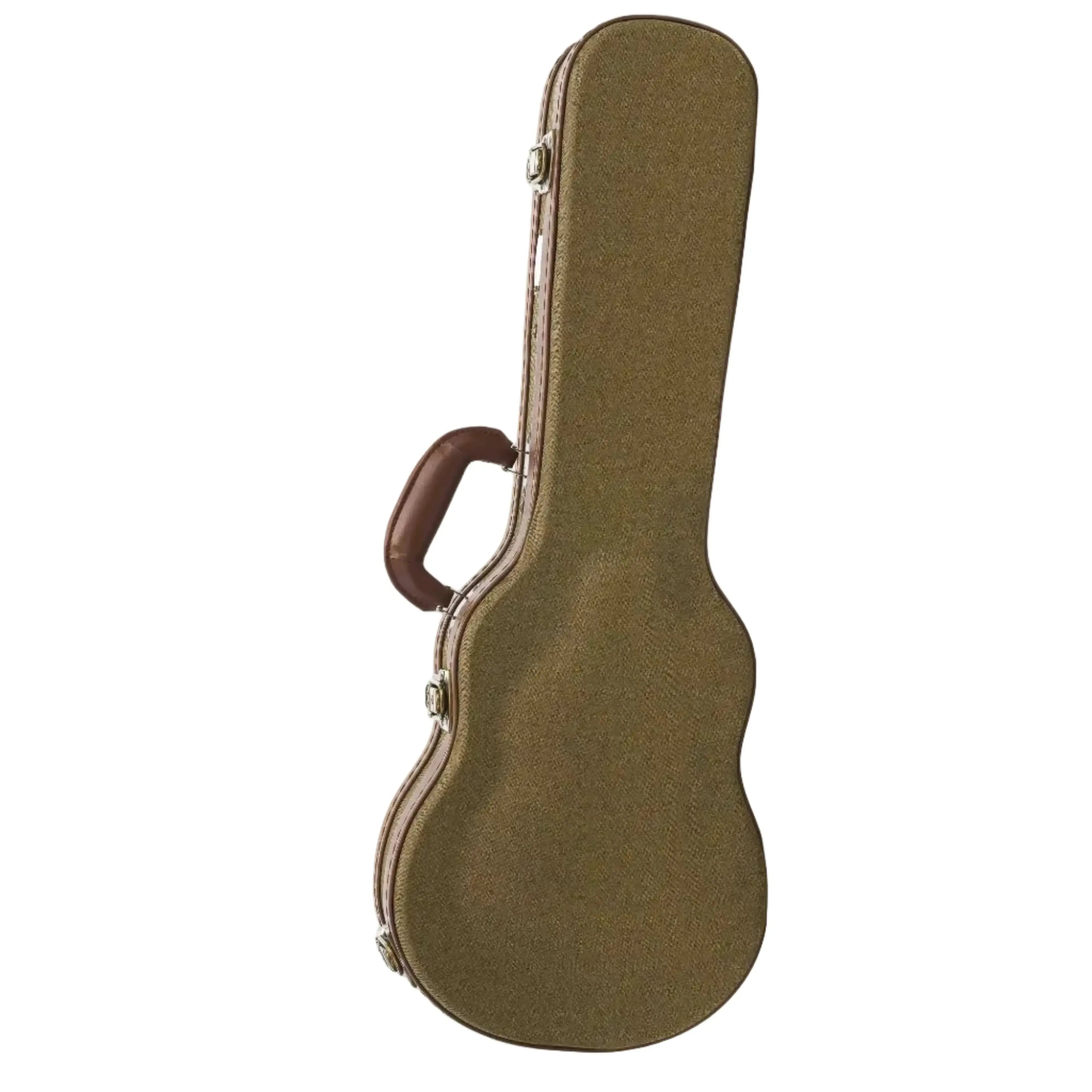Brown textured ukulele hard case with a leather handle and silver latches.