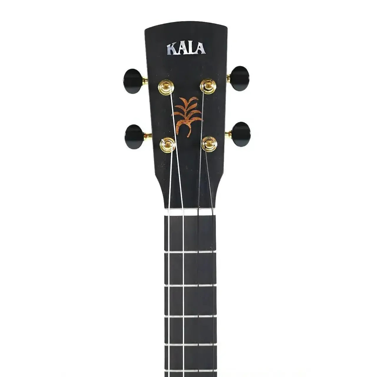 Kala Revelator Nautilus Baritone Ukulele headstock with black finish, gold tuners, and palm inlay.