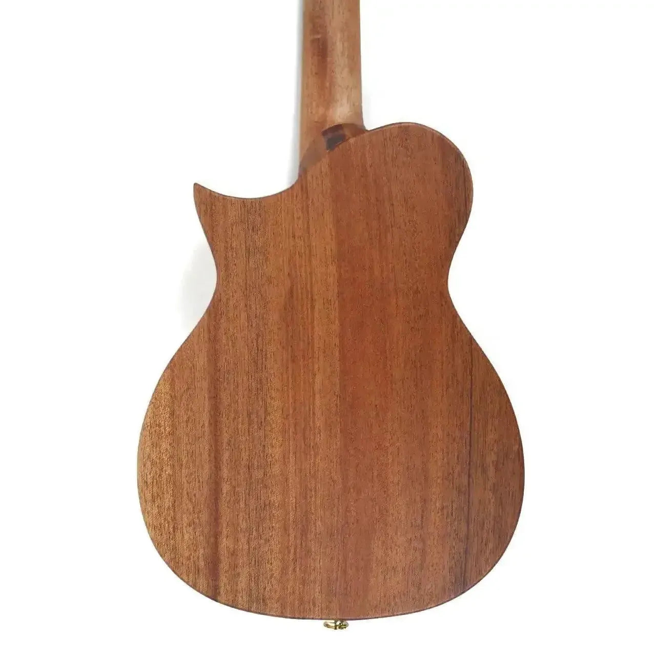 Back of Kala Revelator Nautilus Tenor Ukulele, showing Honduran Mahogany wood grain and Florentine cutaway.