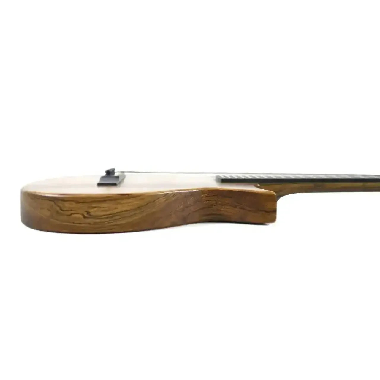 Kala Revelator Nautilus Myrtle Tenor Ukulele side view, showing its natural wood grain and Florentine cutaway.